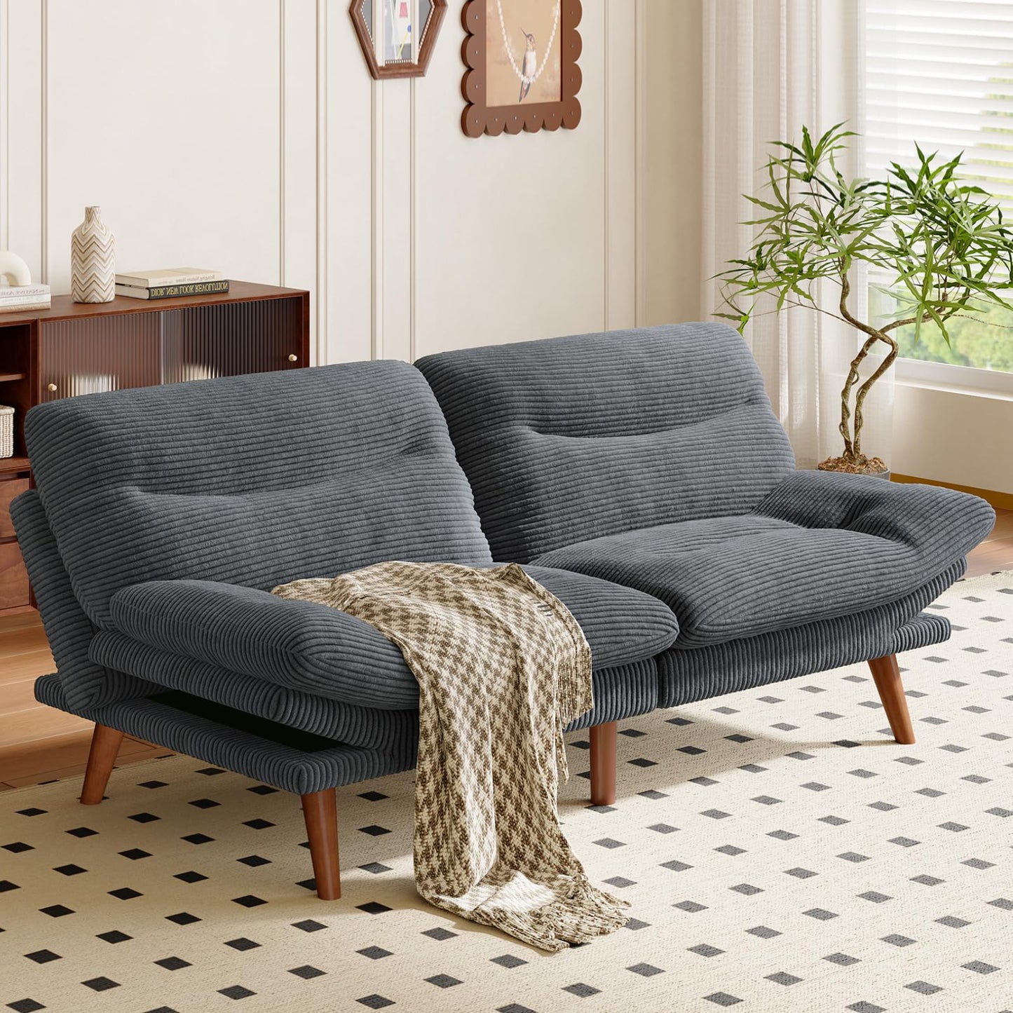 Amada 66" Convertible Futon Sofa Bed, Corduroy Folding Futon Set with Adjustable Backrest &Armrests, Recliner Lounge for Living Room, Apartment or Office, Wood Frame, Loveseat Sofa - Grey