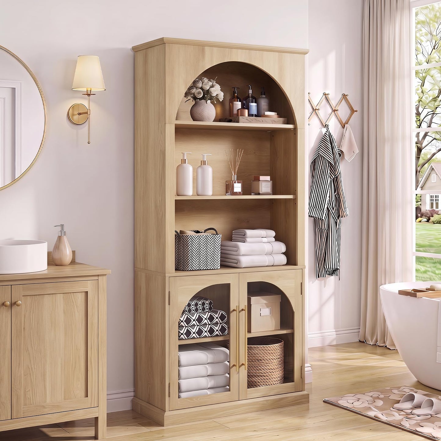LELELINKY Arched Bookshelf with Tempered Glass Doors, 67" Tall Bookcase