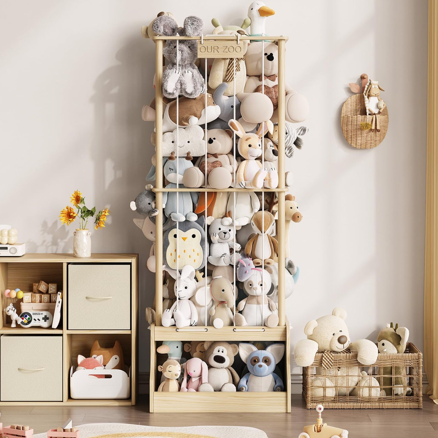 Stuffed Animal Storage Organizer,2-in-1 Solid Pine Wood Stuffed Animal Zoo with Toy Chest, Large Plush Toy Holder with Thick Elastic Bands,Stuffed Animal Holder for Playroom, Nursery, Bedroom