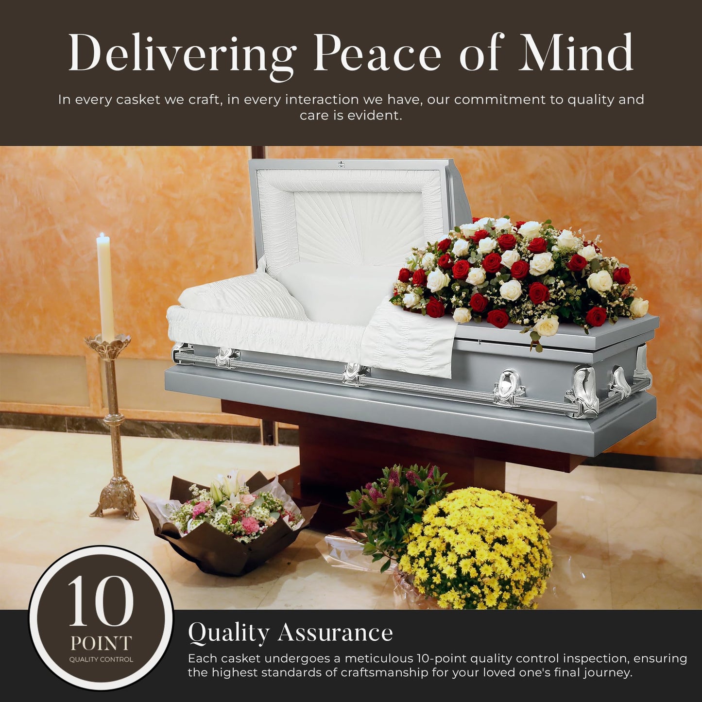 Overnight Caskets Spartan Collection Funeral Casket Silver with White Interior - 20 Gauge Steel - Fully Appointed Adult Casket - Coffin Featuring a Crepe Interior Lining with Pillow and Throw Set