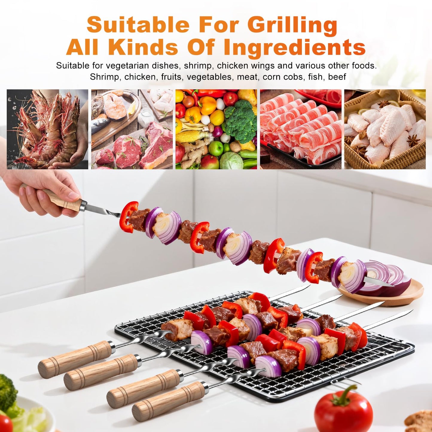 Idong 15 PCS Kabob Skewers 23.6" Large Size Flat Stainless Steel BBQ Skewers for Grilling Meat with Wood Handle, Reusable Metal Grilling Set for Koobideh Persian Shrimp Chicken Vegetable Kebab Fork