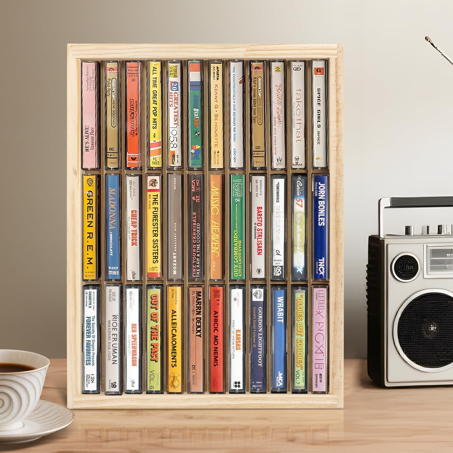 Waratah Designs Cassette Tape Storage Rack, 36-slot Wood Cassette Tape Holder, Wall Mount or Freestanding Audio Cassette Organizer, Playing Card Storage, Unfinished Pine