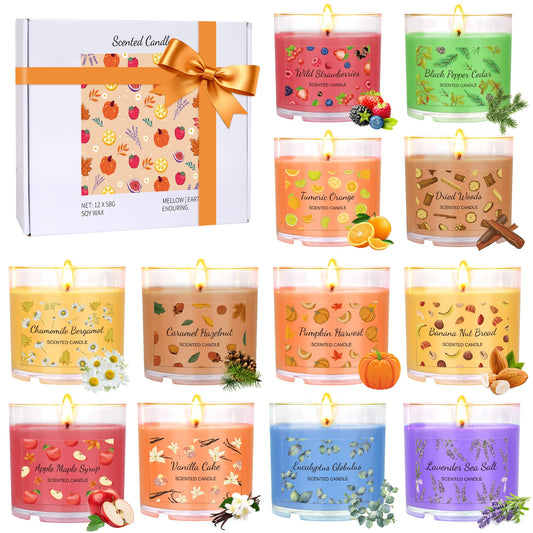Fall Candles Bulk, 12 Pack Scented Candles for Home, Candle Set for Women, Small Soy Candle Scent of Pumpkin Vanilla Caramel Lavender, Mini Candle Gift Set for Mothers Day Birthday Christmas Birthday