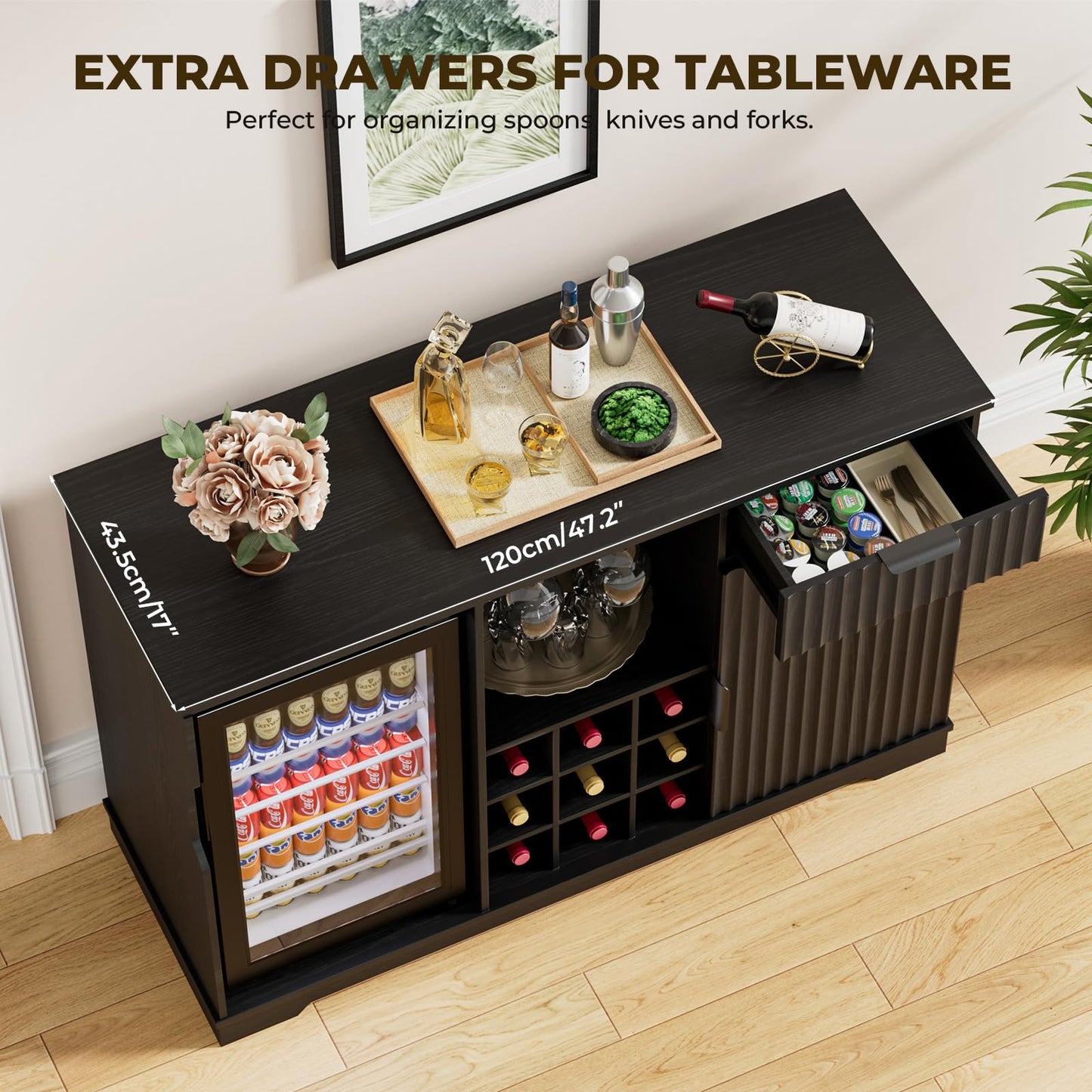 Aauro Home Coffee Bar Cabinet with Fridge (Fridge Included), Fluted Wine Bar Cabinet with Wine Rack and Glass Holder, Buffet Sideboard Table Liquor Cabinet with Drawer & Storage, Home Bar, Black