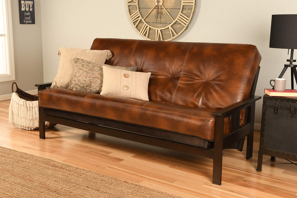 Kodiak Furniture Montreal Espresso Futon Frame w/Quality 8 Inch Innerspring Mattress Sofa Bed Set Full Size (Havana Leather Matt and Frame Only)
