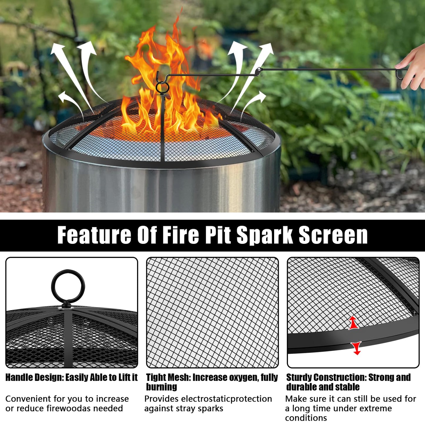 Fire Pit Spark Screen, Fire Pit Screen 36 Inch Round with Handle & Poker, Collapsible Heavy Duty Mesh Fire Pit Cover Fire Pit Lid for Outdoor/Patio/Backyard/RV Camping/Beach