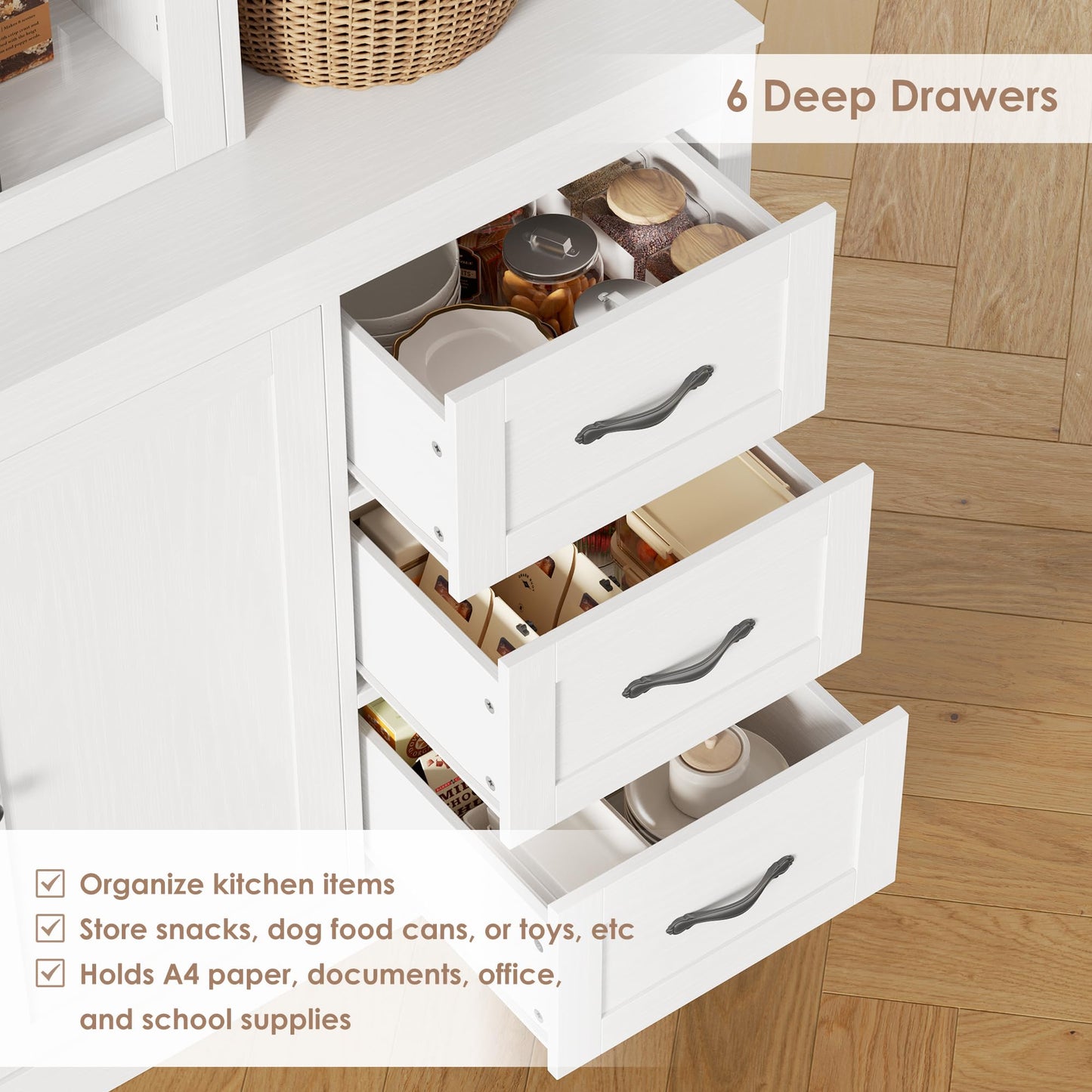 HIFIT 74.4''Hx63''W Large Pantry Cabinet for Food Storage, Kitchen Hutch Cabinet with Storage, Glass Doors Tall Wine Bar Cabinet, Large Bookcase with Drawers, White