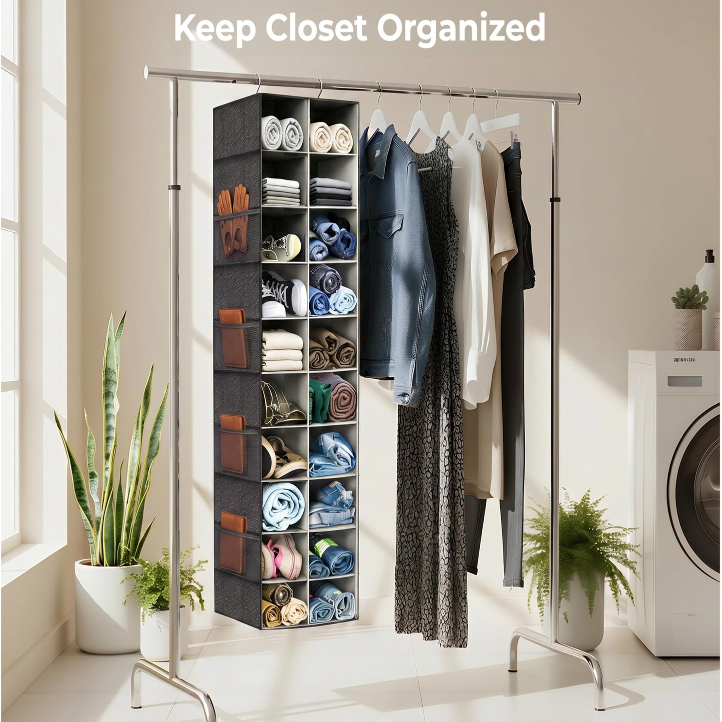 Pcaelin Hanging Shoe Organizer for Closet - 20 Extended Sections Closet Shoe Storage Rack with 8 Side Mesh Pockets, Foldable Shelves Holder for Shoes Clothes Shirts Jeans Hats