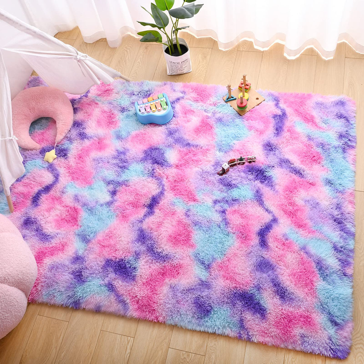AROGAN Soft Rainbow Area Rug, Fluffy Hot Pink Girls Rug, 3x5 Feet