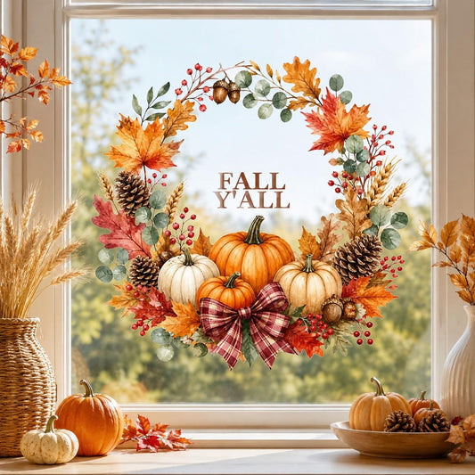 RIICFDD Fall Window Clings Red Plaid Bow Wreath Window Decals 1 Sheet