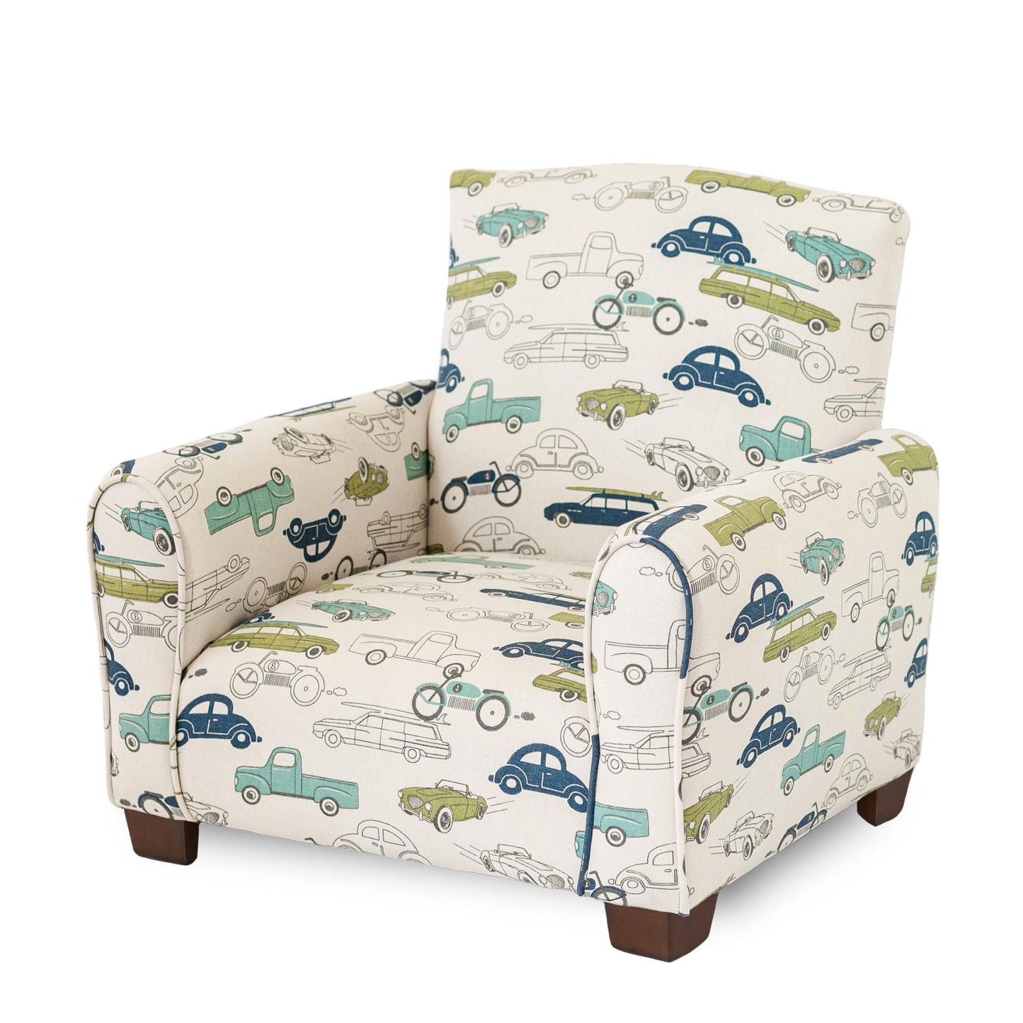 The Rose Hill Company Kid Rocking Chair for Toddlers, Child Chair for Little Kids, Upholstered Toddler Armchair for Children, Comfy and Cute Little Kid Chairs (Legs, Cars & Trucks Print)