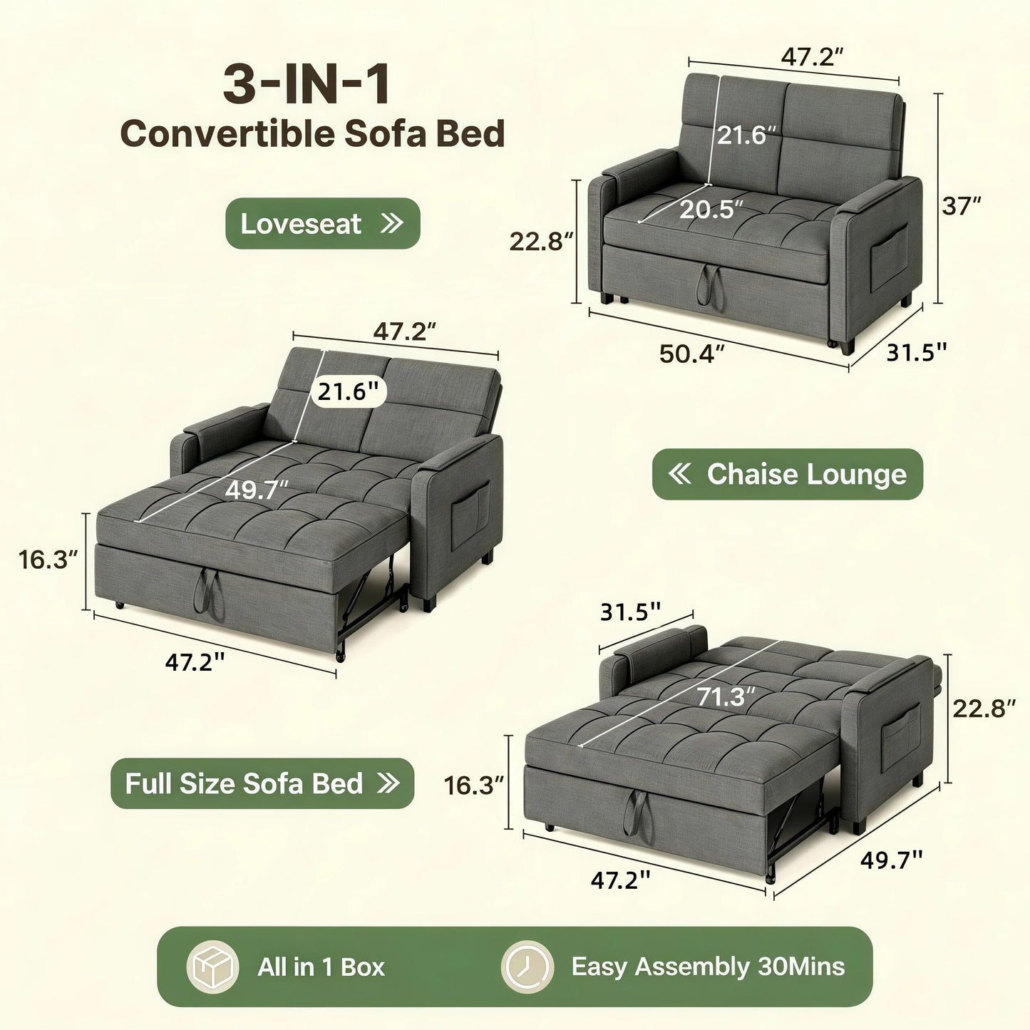 Gizoon Convertible Sofa Bed, 3-in-1 Pull Out Couch, 5-Position Adjustable Backrest & Side Pockets, Modern Small Loveseat Sleeper Sofa for Living Room, Apartment, Dorm, Studio, Guest Room, Grey