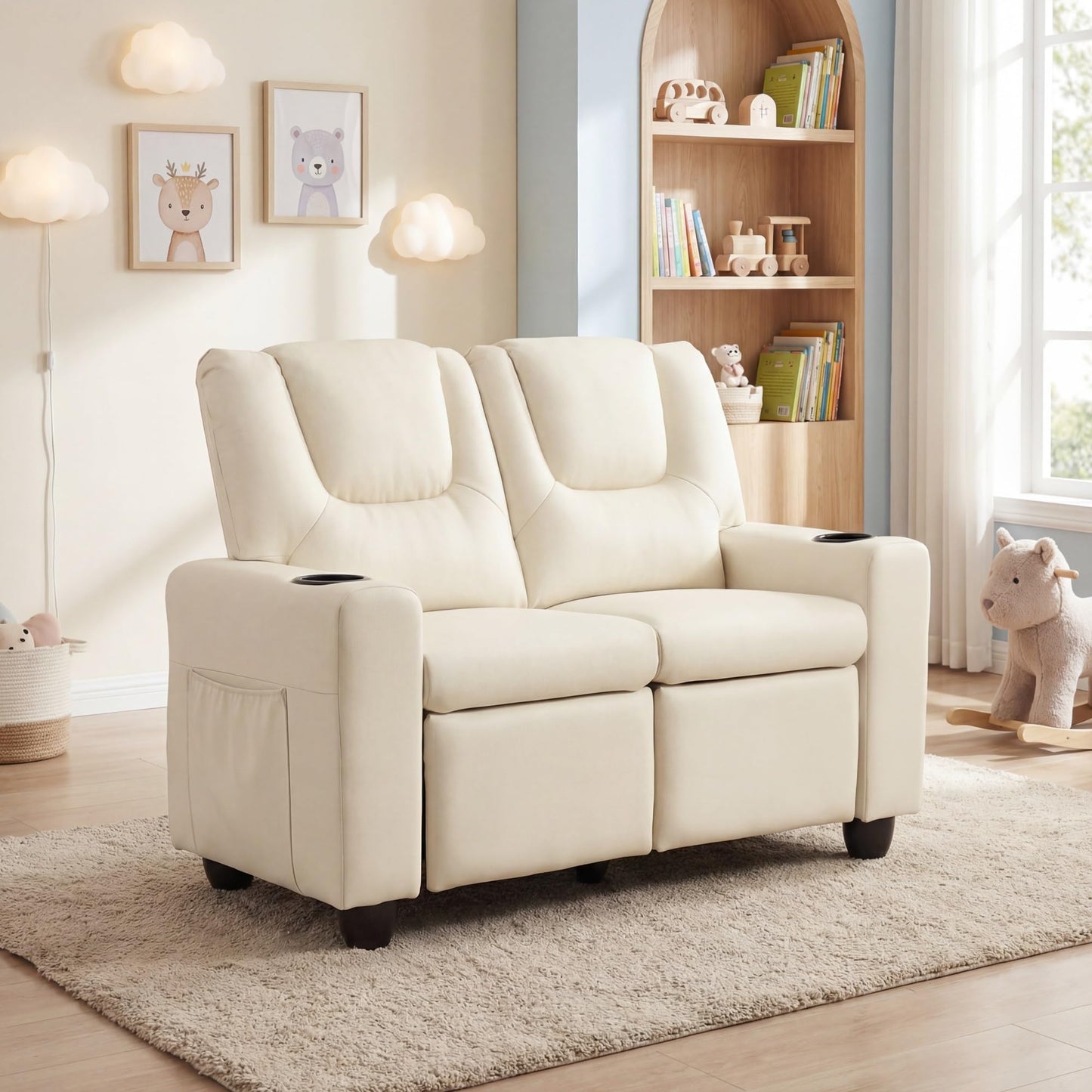 HONEY JOY 2-Seater Kids Recliner, Double Toddler Loveseat Sofa w/2 Cup Holders, 2 Side Pockets, Adjustable Backrest & Footrest, PU Leather Children Couch for Boys Girls Age 3+ (Beige)