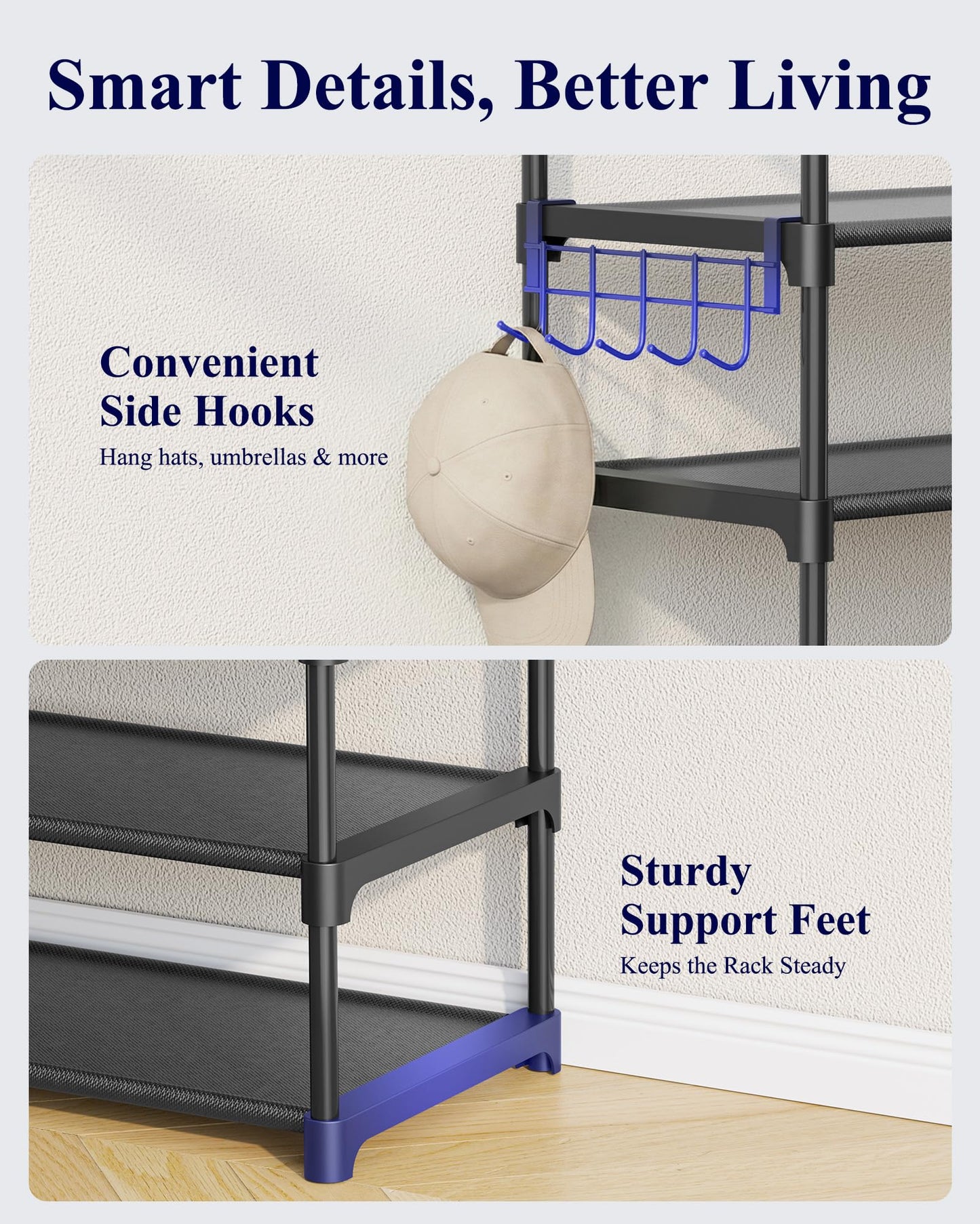 Kitsure Shoe Rack for Closet - 10-Tier Shoe Organizer with Hook Rack, Large-Capacity & Space-Saving Shoe Shelf for Entryway, Bedroom, Living Room,32.2" x 11.8" x 68.5", Black