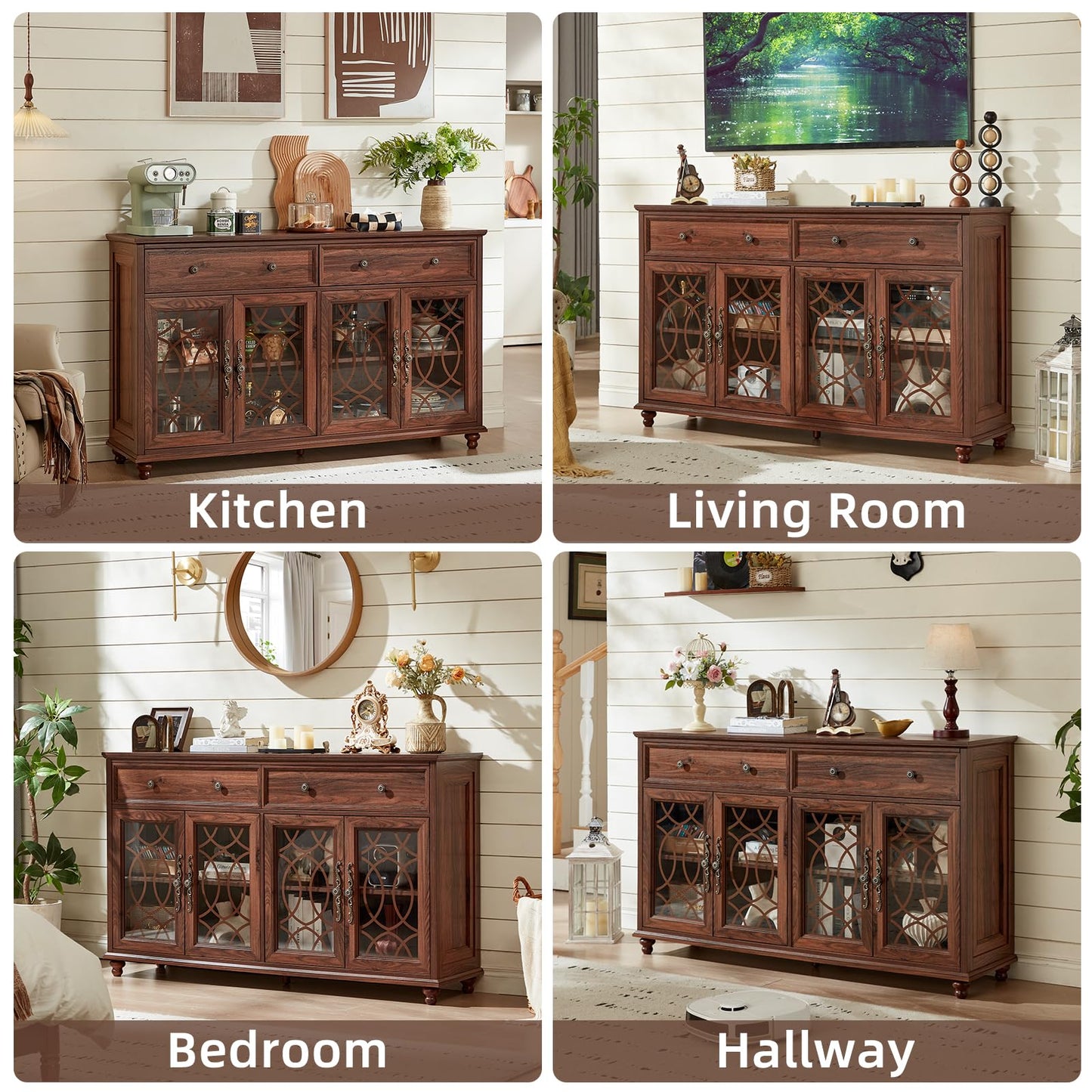 Joaxswe Farmhouse Sideboard Buffet Cabinet with Storage,59" Large Credenza with 4 Glass Doors & 2 Drawers,Adjustable Shelves Console Table,Wood Kitchen Coffee Bar for Dining Room,Living Room,Brown