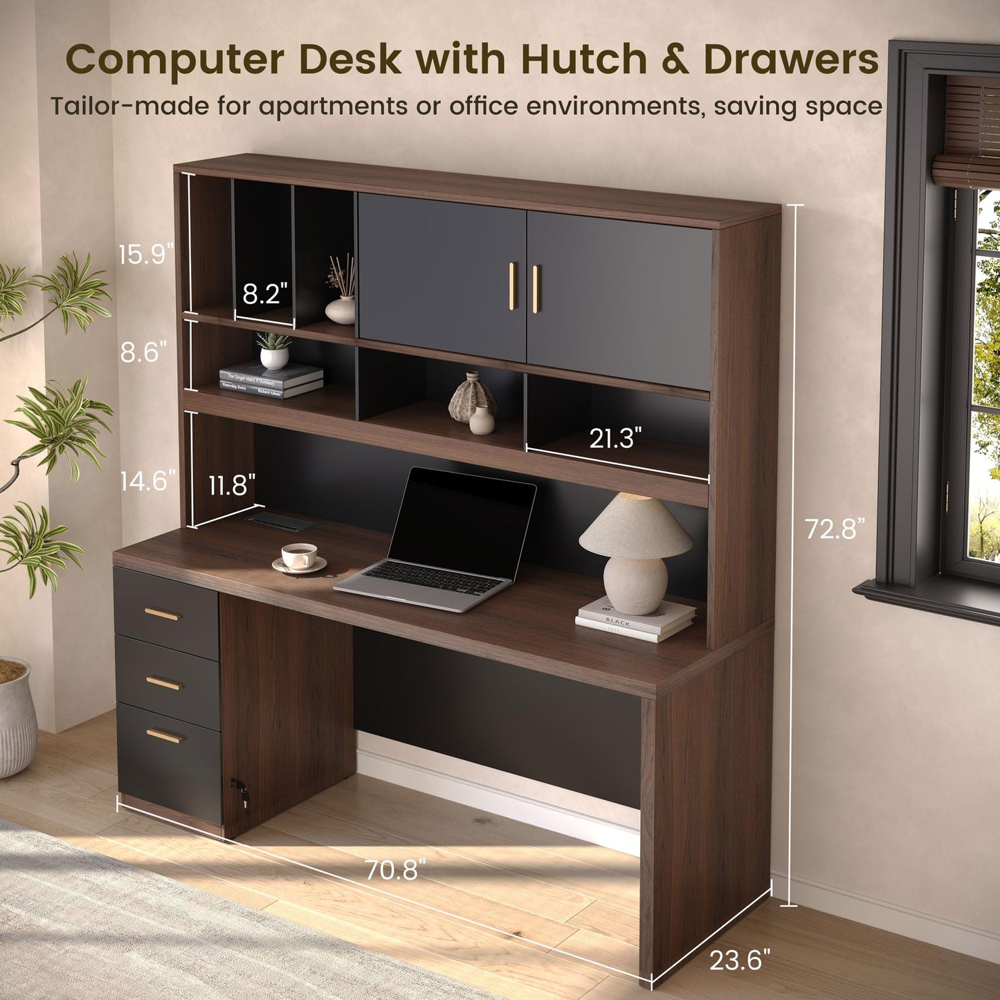 ModernMate 71'' Electric Standing Desk, 72.8'' Executive Office Desk Furniture Set with Hutch, Home Office Large One-Piece Desktop Privacy Panel, Charging Station, File Cabinet, Black Walnut