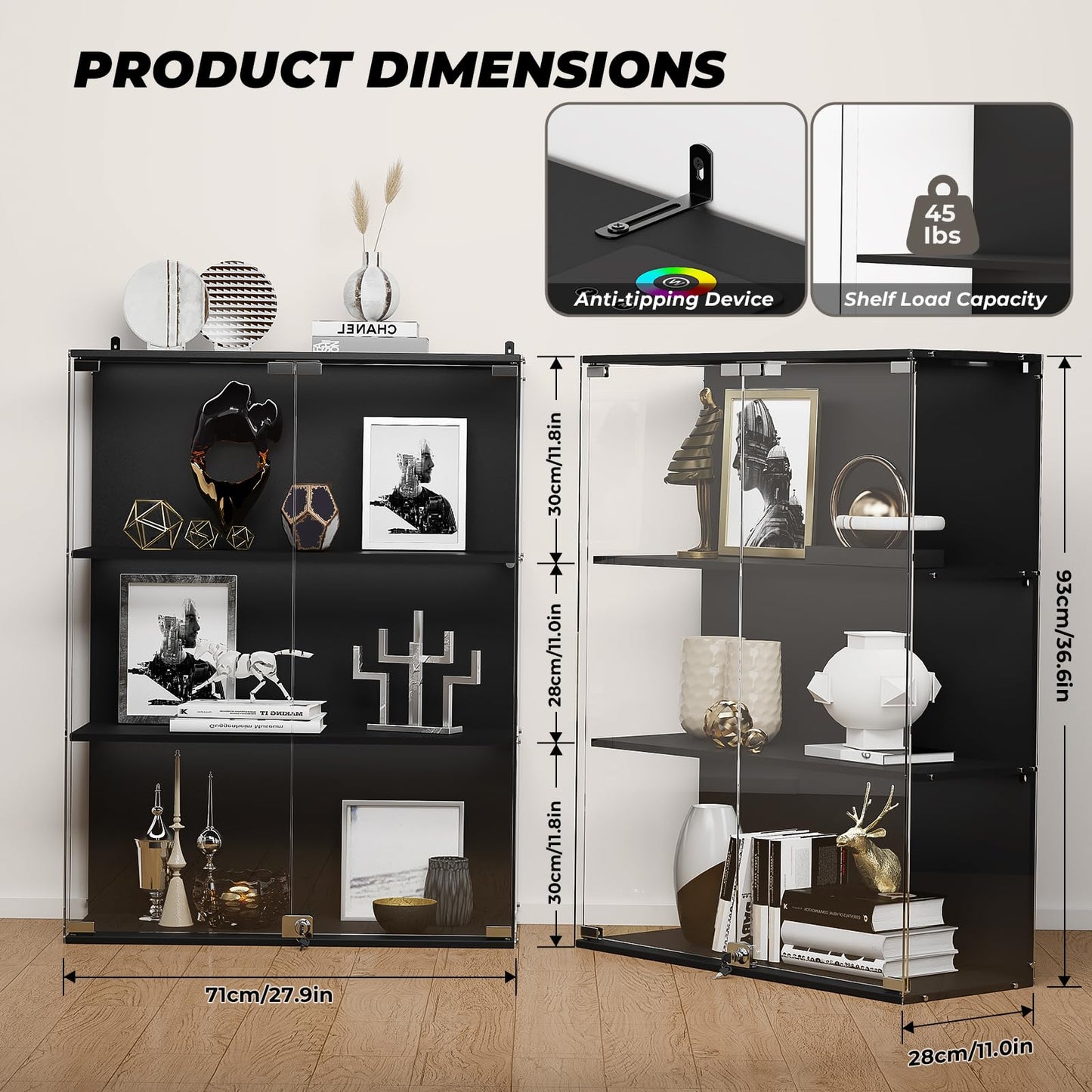 VersionTECH. Glass Display Cabinet with RGB LED Lights, Full-View Display, 3-Tier Display Case with Glass Doors for Collectibles, Cabinets with Lock, Human Sensor, Charging Station, Black