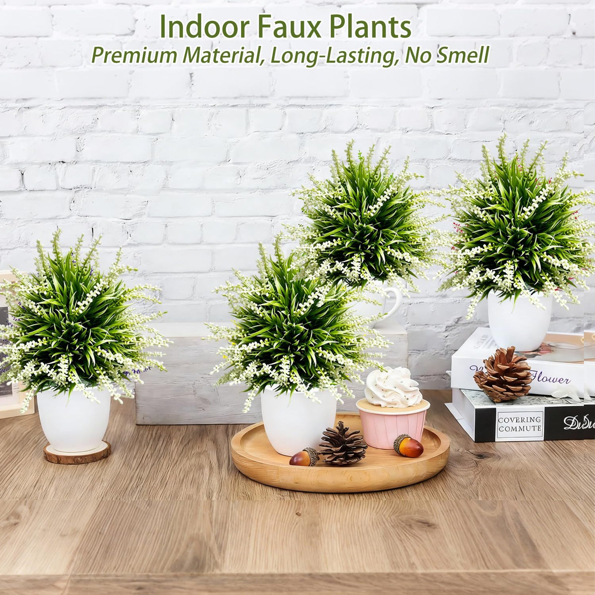 YUGYUM Artificial White Lavender Shrubs, 4 Pack Faux Lavender Bushes with Ground Stakes, UV Resistant Fake Flowers Plants for Outdoor Garden Patio Yard Landscape Decor
