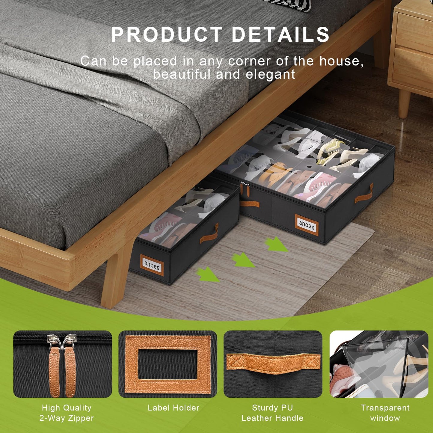 homyfort Shoe Organizer Under Bed, Fits 32 Pairs, Under bed Shoe Storage Boxes with Study Handles and Clear Cover, zapateras organizer for shoes, set of 2