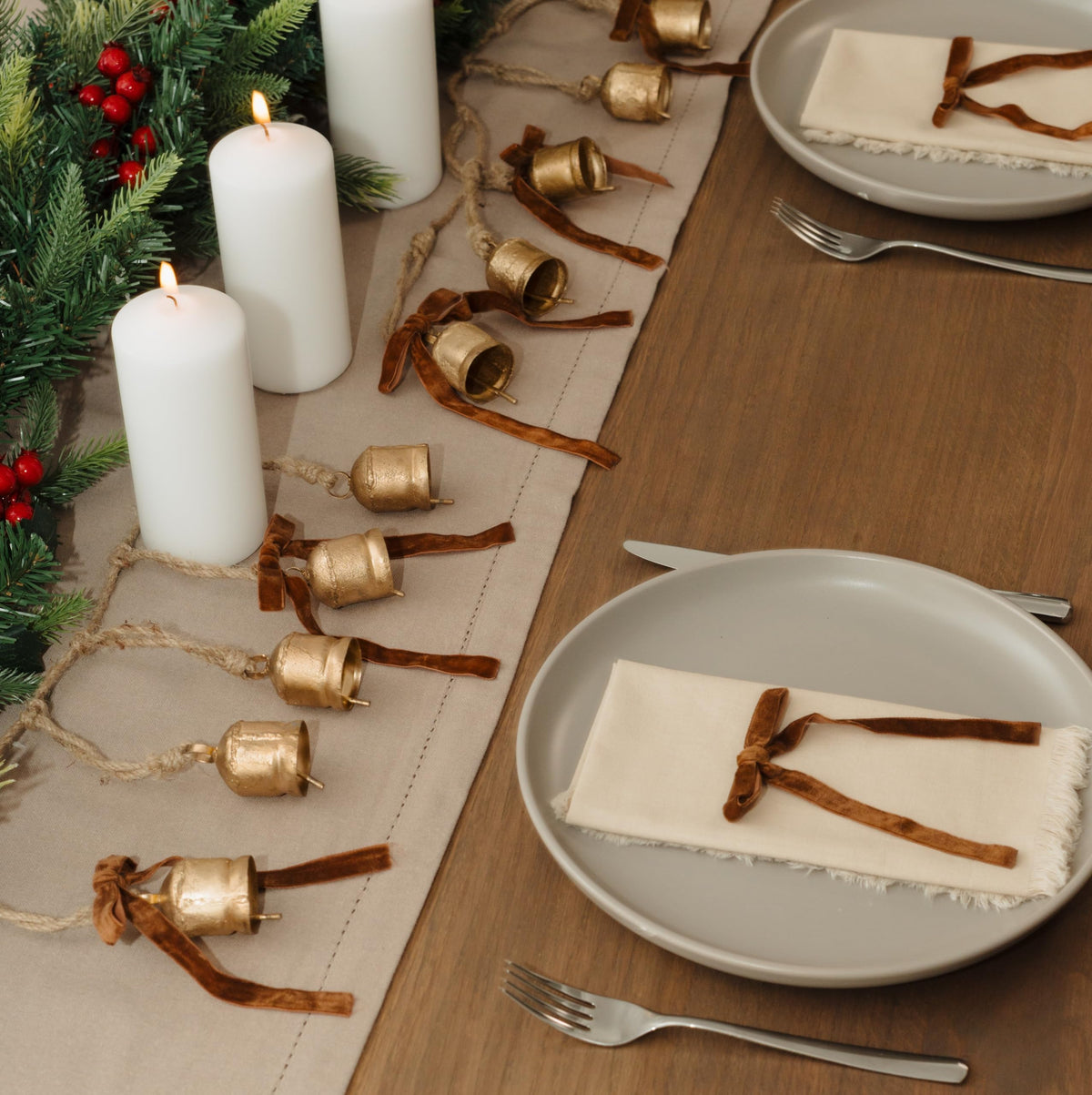 Rustic Golden Christmas Bell Ornaments & Velvet Bows - Set of 10