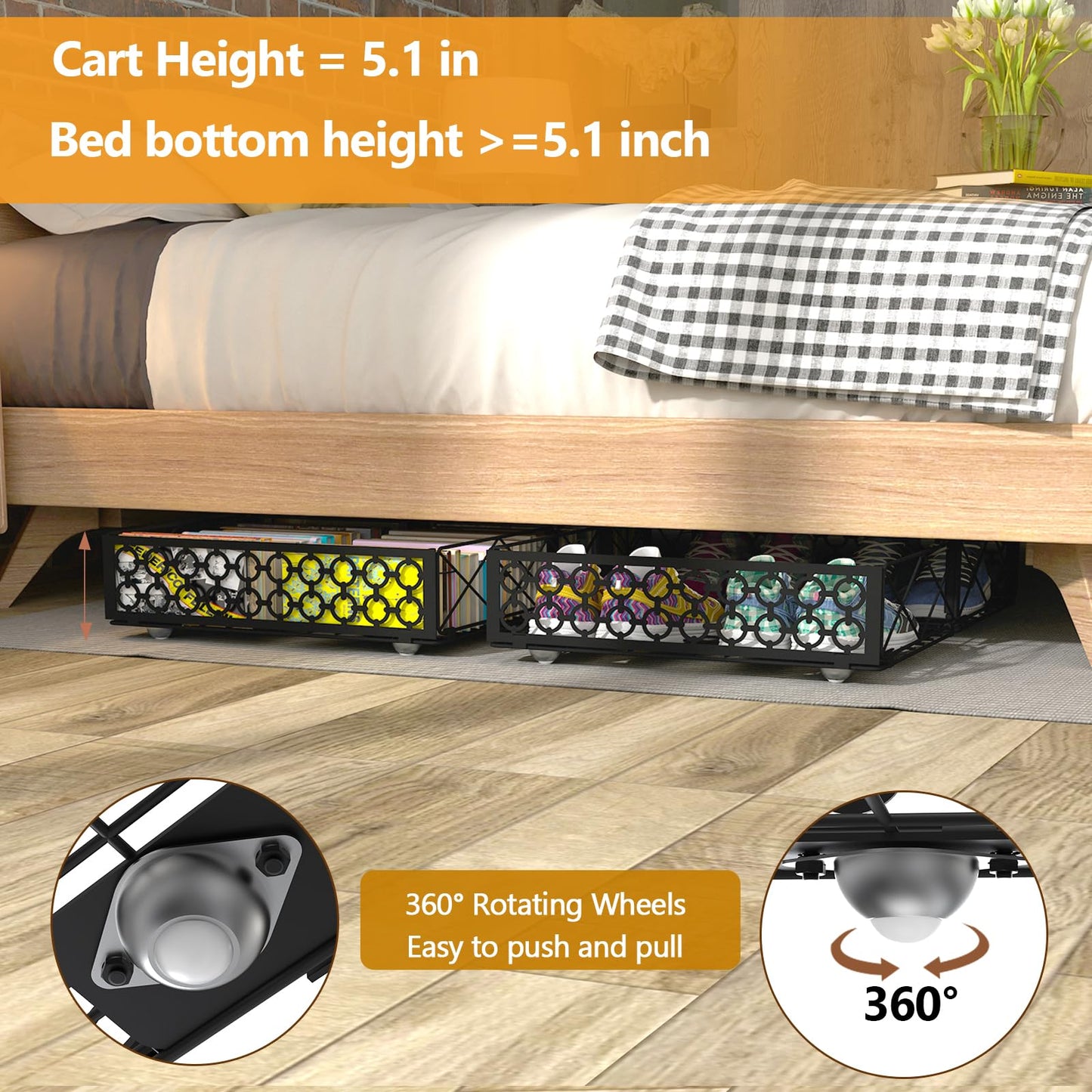 NADAMOO Under Bed Storage with Wheels, Low Profile Rolling Organizer Bins