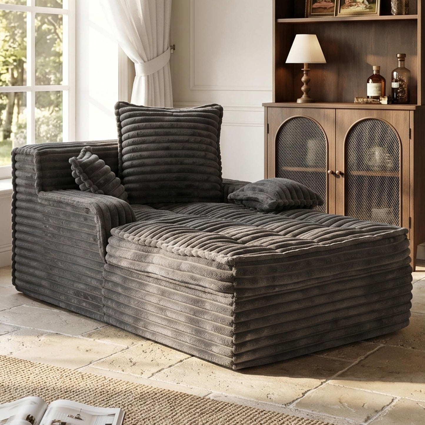feliz home Boneless Chaise Lounge Couch Indoor, Small Corduroy Upholstered Sleeper Sofa Bed Reading Chairs with 3 Pillows, Fluffy Comfy Cloud Sofas Couches, Compression Boneless Sofa for Small Corner