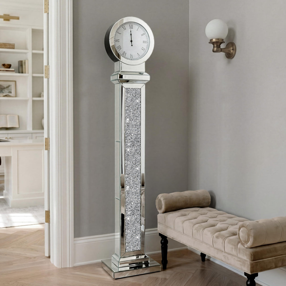 blingworld Mirrored Floor Clock, 59" Tall Standing Clock with Crystal Inlay