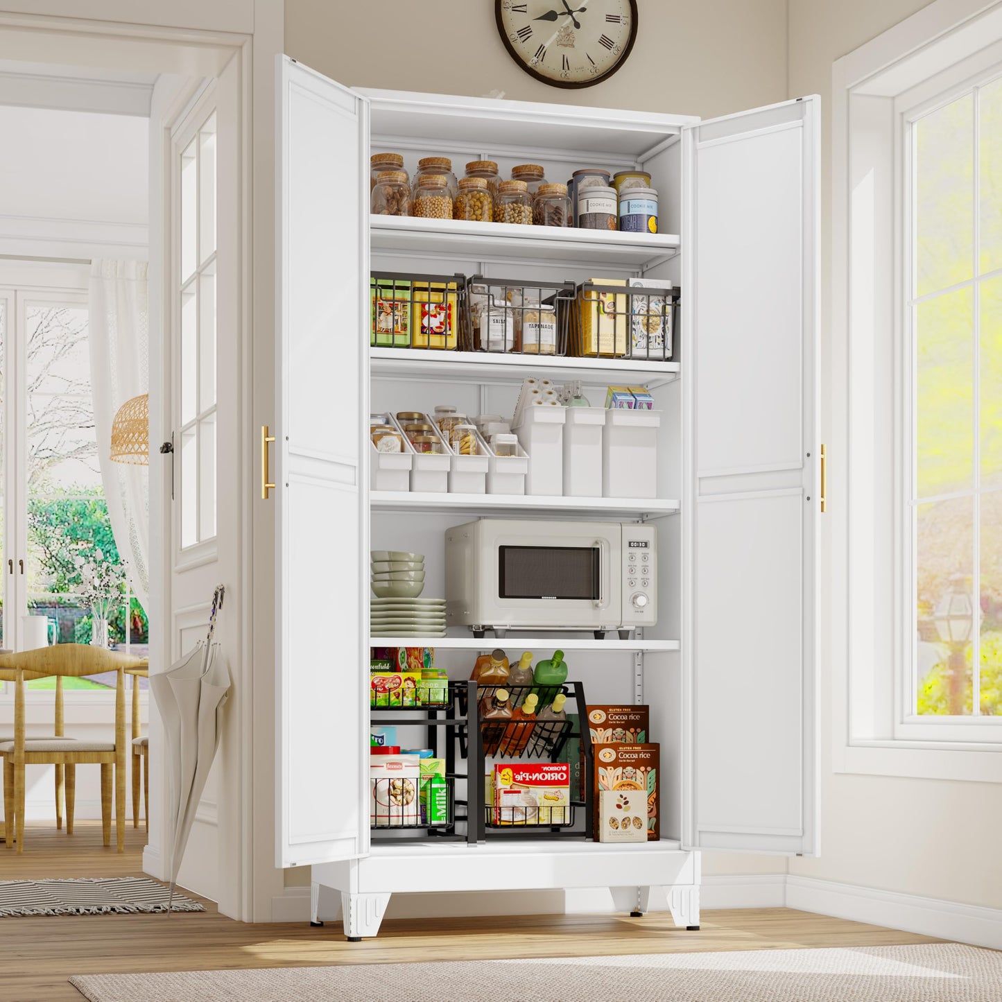 GAIOUS 71" Tall Metal Storage Cabinet with 2 Doors and 4 Adjustable Shelves, Kitchen Pantry Cabinet White Freestanding Cupboard, 5 Tier Multifunctional Steel Storage for Office, Kitchen, Dining Room