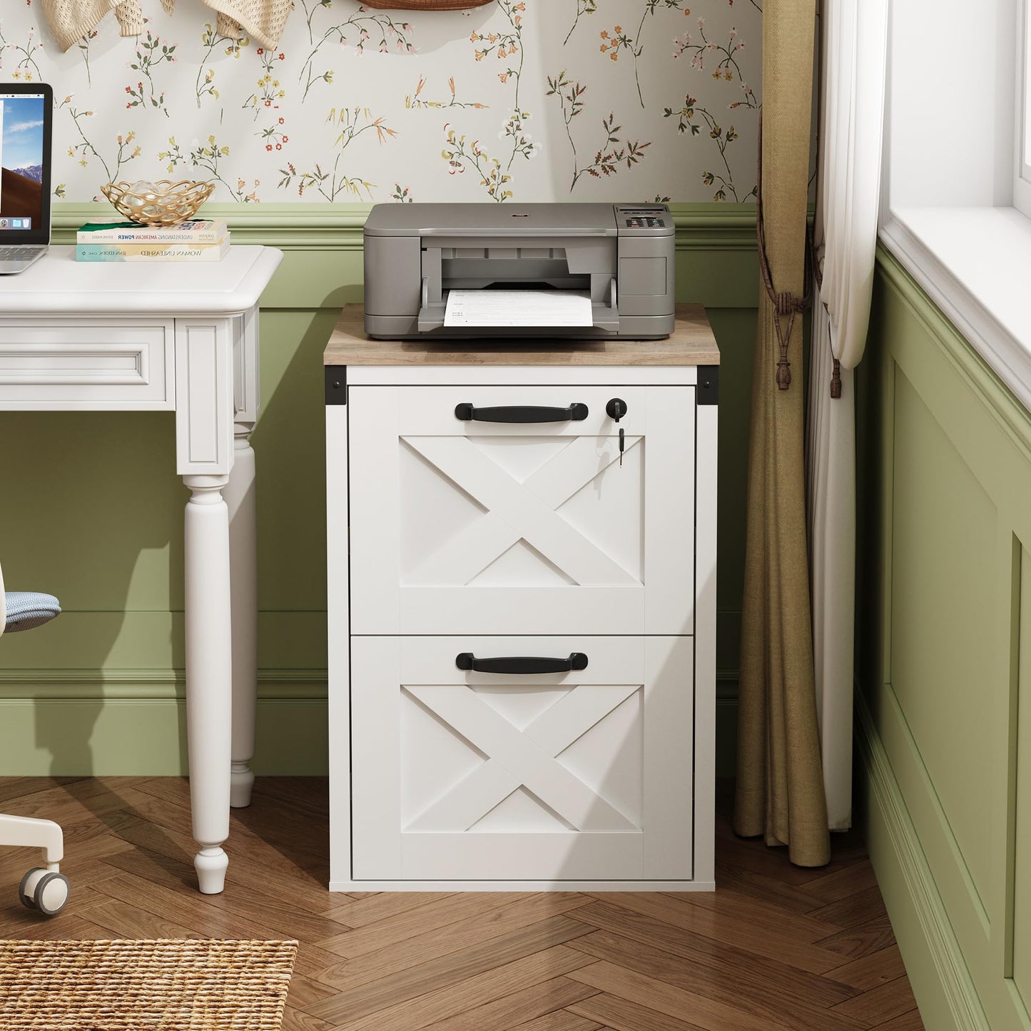 DEVAISE 2 Drawer File Cabinet with Lock, Wood Farmhouse Filing Cabinet for Home Office, Printer Stand Fits Letter and A4 Size, White