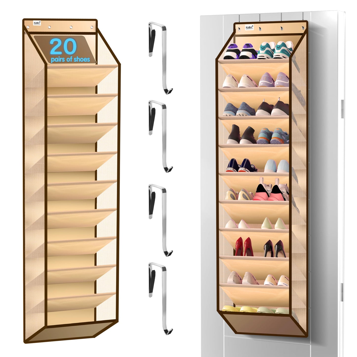 Kotkn 10 Tier Over The Door Organizer - Heavy Duty Hanging Storage Rack with Sturdy Oxford Fabric, Holds 20+ Pairs of Footwear, Boots & Sneakers, Saves 50% Closet Space(Beige)