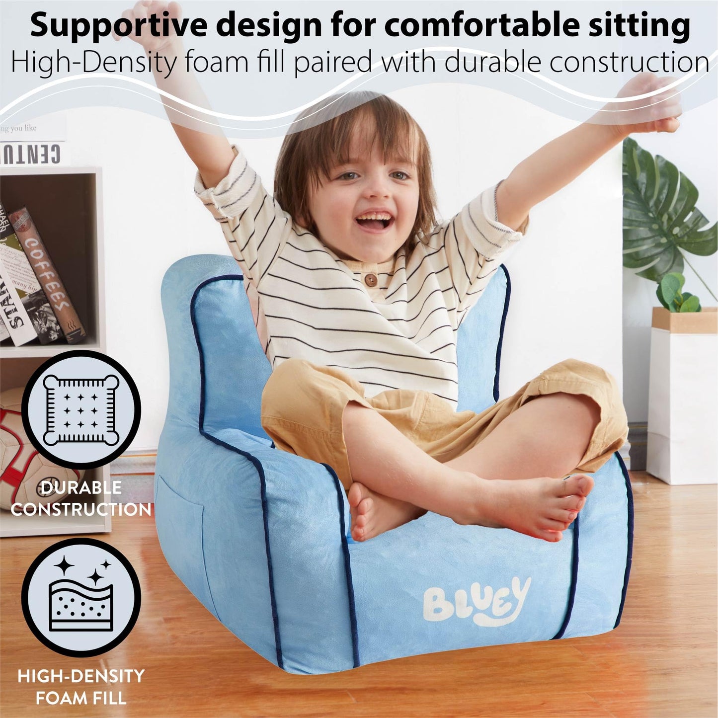 Idea Nuova Bluey Kids Foam Filled Bean Bag Chair, Soft Plush Character Lounge Seat for Bedroom or Playroom