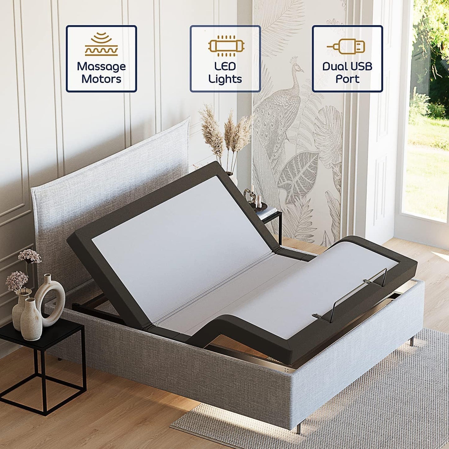 Virtu Adjustable Bed Frame, Zero Clearance Adjustable Massage Bed Frame, Adjustable Bed Base Head & Foot Massage, Wireless Remote Fast & Easy Assembly, USB Ports, LED Light (California King)