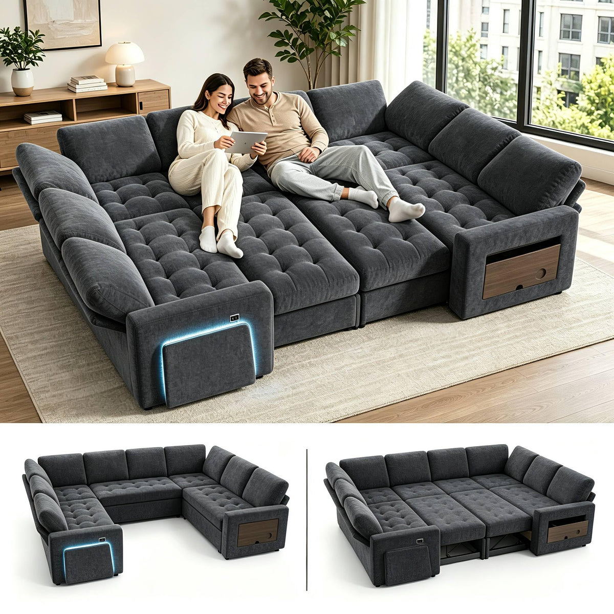 Sunny Heart 8 Seat U Shaped Sectional Sleeper Sofa Bed with Pull Out Bed, Chenille Sectional Sleeper Couch with Adjustable Backrest, USB Ports, LED, Side Table, Tool-Free Assembly,Gray