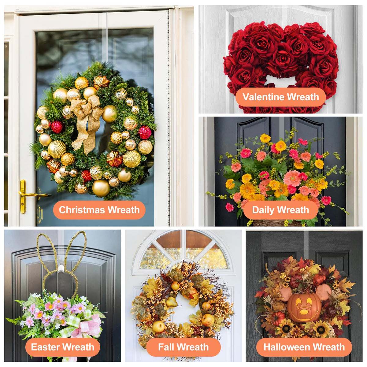 12" Clear Wreath Hangers for Front Door, 2 Pack Over Door Hooks Non-Scratch