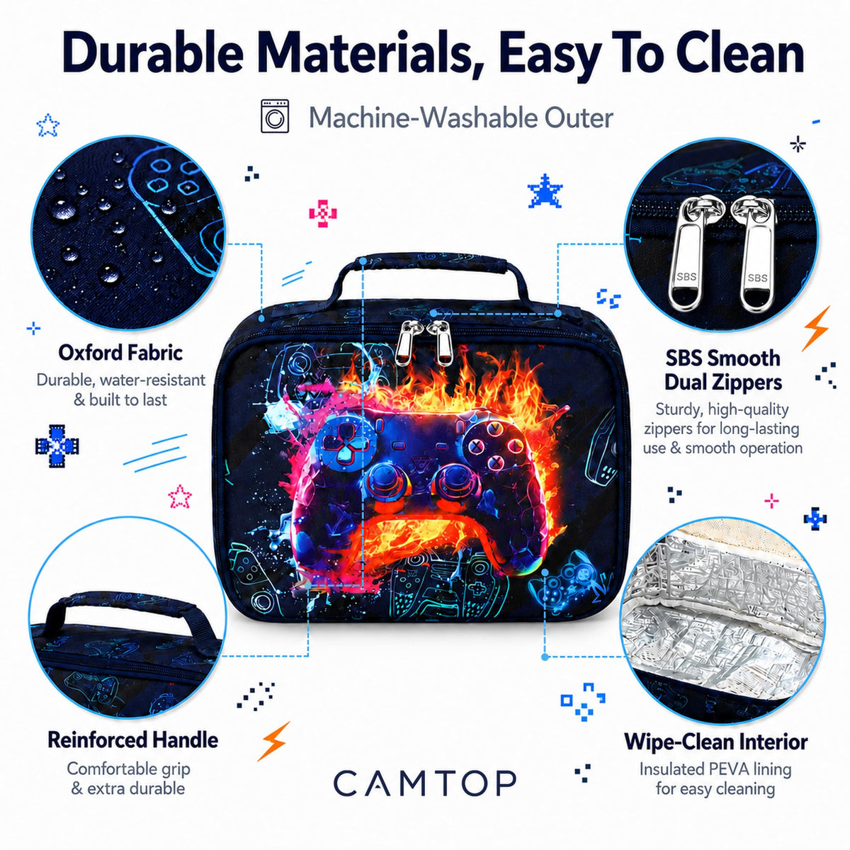 CAMTOP Lunch Box Kids Boys Insulated Lunch Cooler Bag Reusable Lunch Tote Kit for School Travel，Black