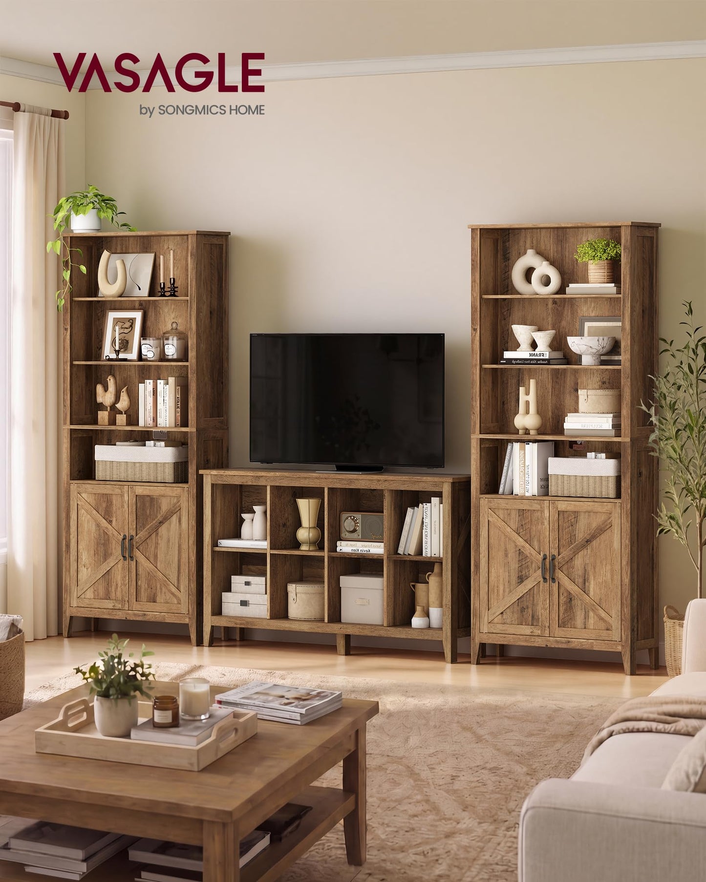 VASAGLE Farmhouse Bookshelf, 6-Tier Bookcase with Doors