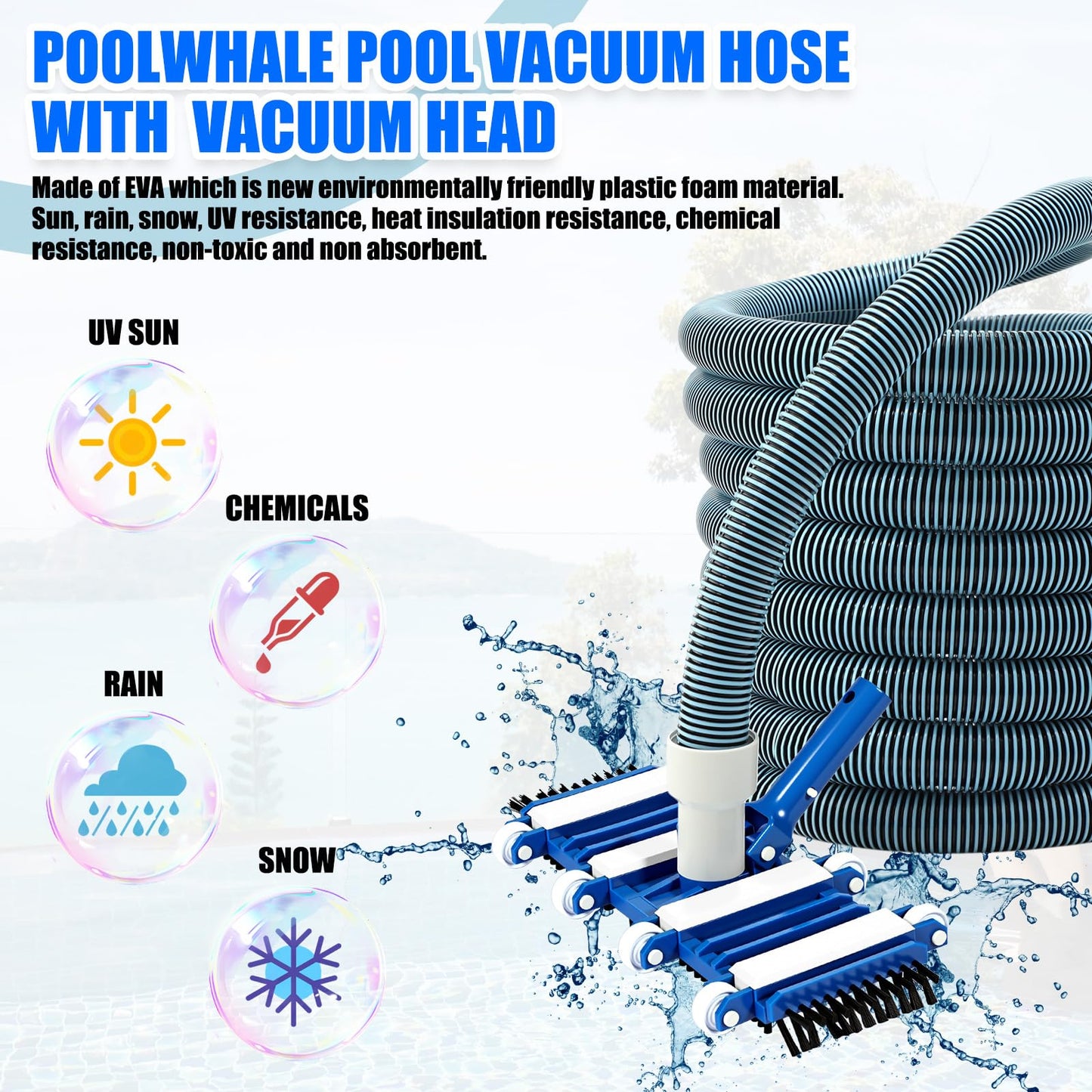Innconee 3 Pcs Pool Cleaning Kit Swimming Pool Vacuum Head Hoses 1-1/2" x 30ft with Swivel Wheel Vacuum Head and 14 '' Brush for Inground & Above Ground Pools Spas Ponds Cleaning Manual(with Bristles)