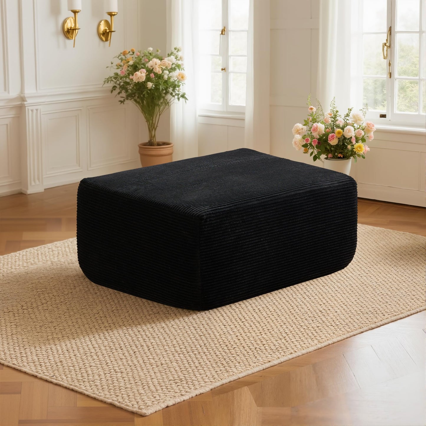 37" Square Cloud Couch Ottoman Footstool, Upholstered Foam Filling Footrest Ottomans for Couch,Large Seat,Soft Fluffy Foot Stool for Living Room Bedroom, No Assembly Required,Black,Corduroy