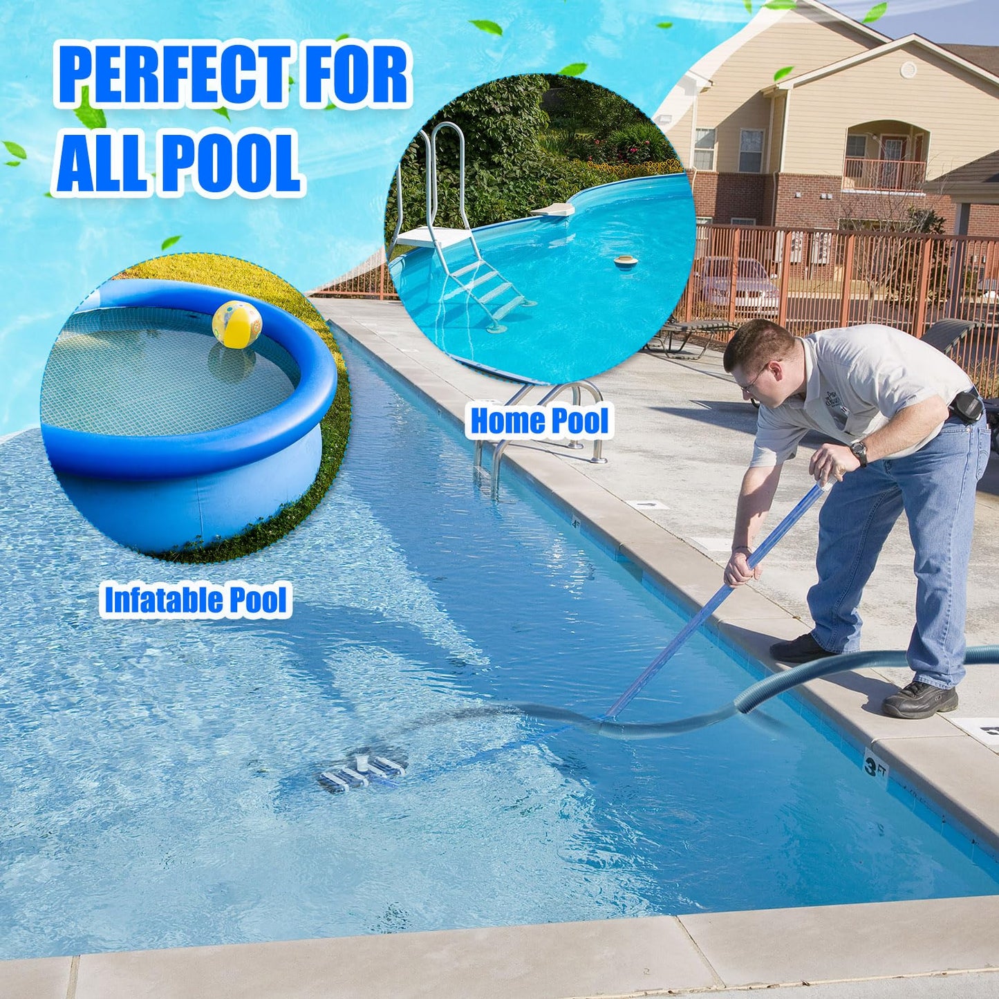 Innconee 3 Pcs Pool Cleaning Kit Swimming Pool Vacuum Head Hoses 1-1/2" x 30ft with Swivel Wheel Vacuum Head and 14 '' Brush for Inground & Above Ground Pools Spas Ponds Cleaning Manual(with Bristles)
