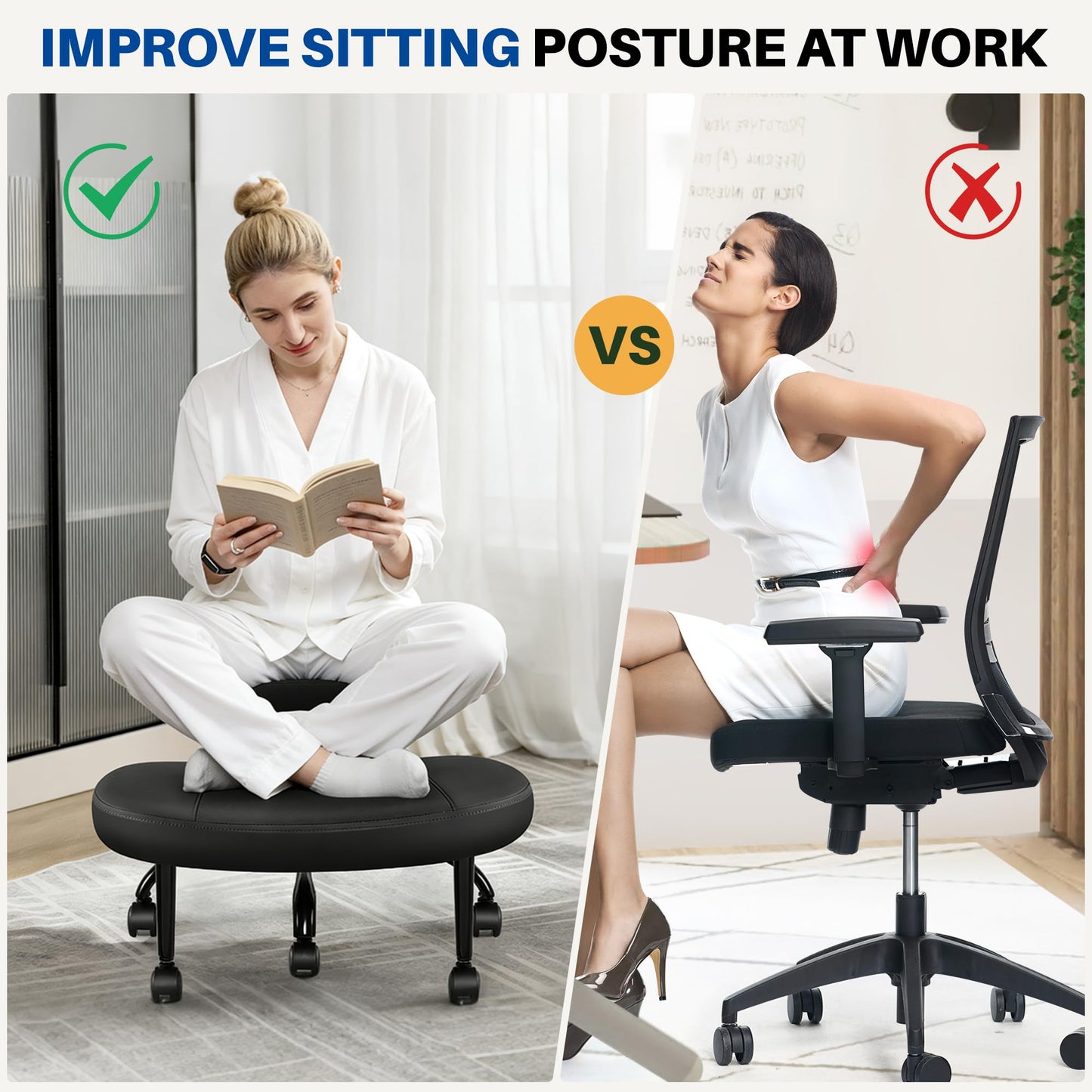 BestEra Cross Legged Office Chair with Wheels, Ergonomic Kneeling Chair with Lumbar Support and Adjustable Height for Meditation, ADHD Desk & Yoga
