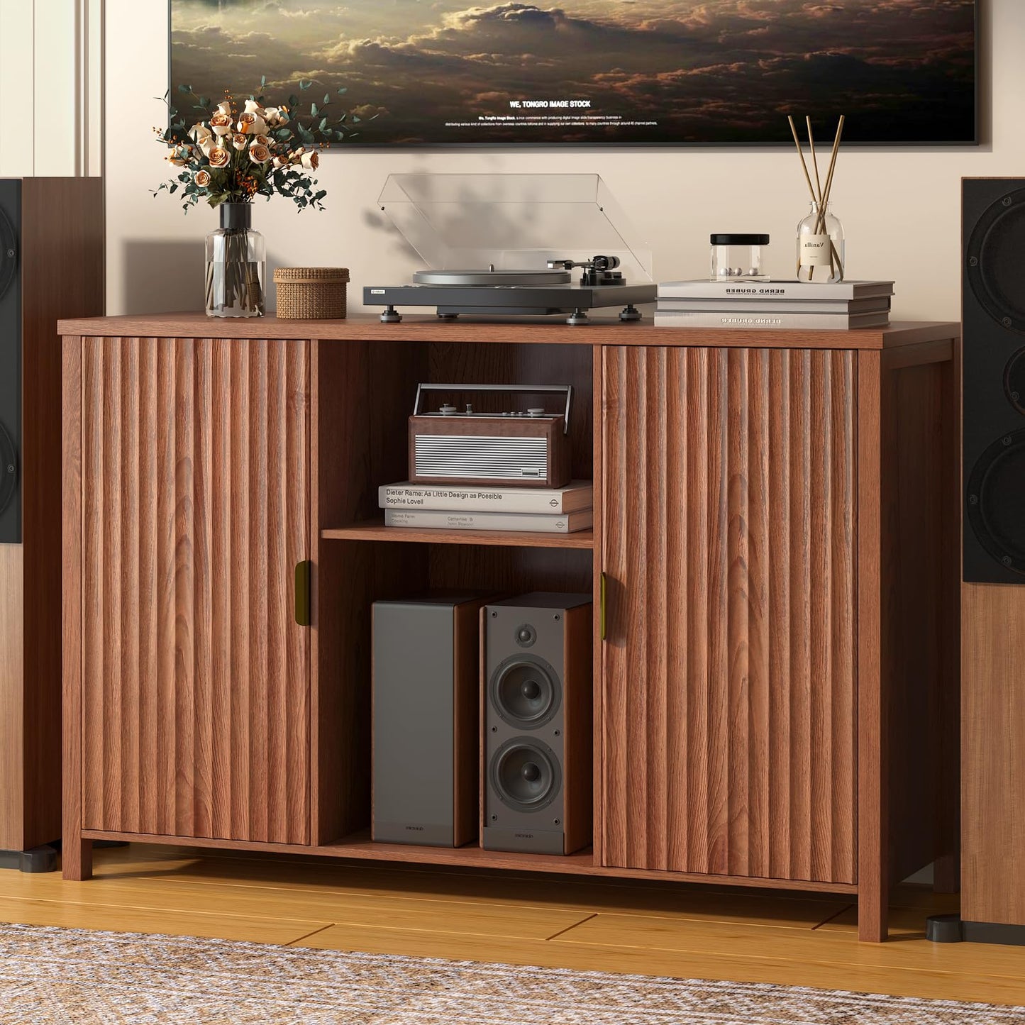 BROTTAR 47.2" Mid Century Modern Record Player Stand with Vinyl Storage