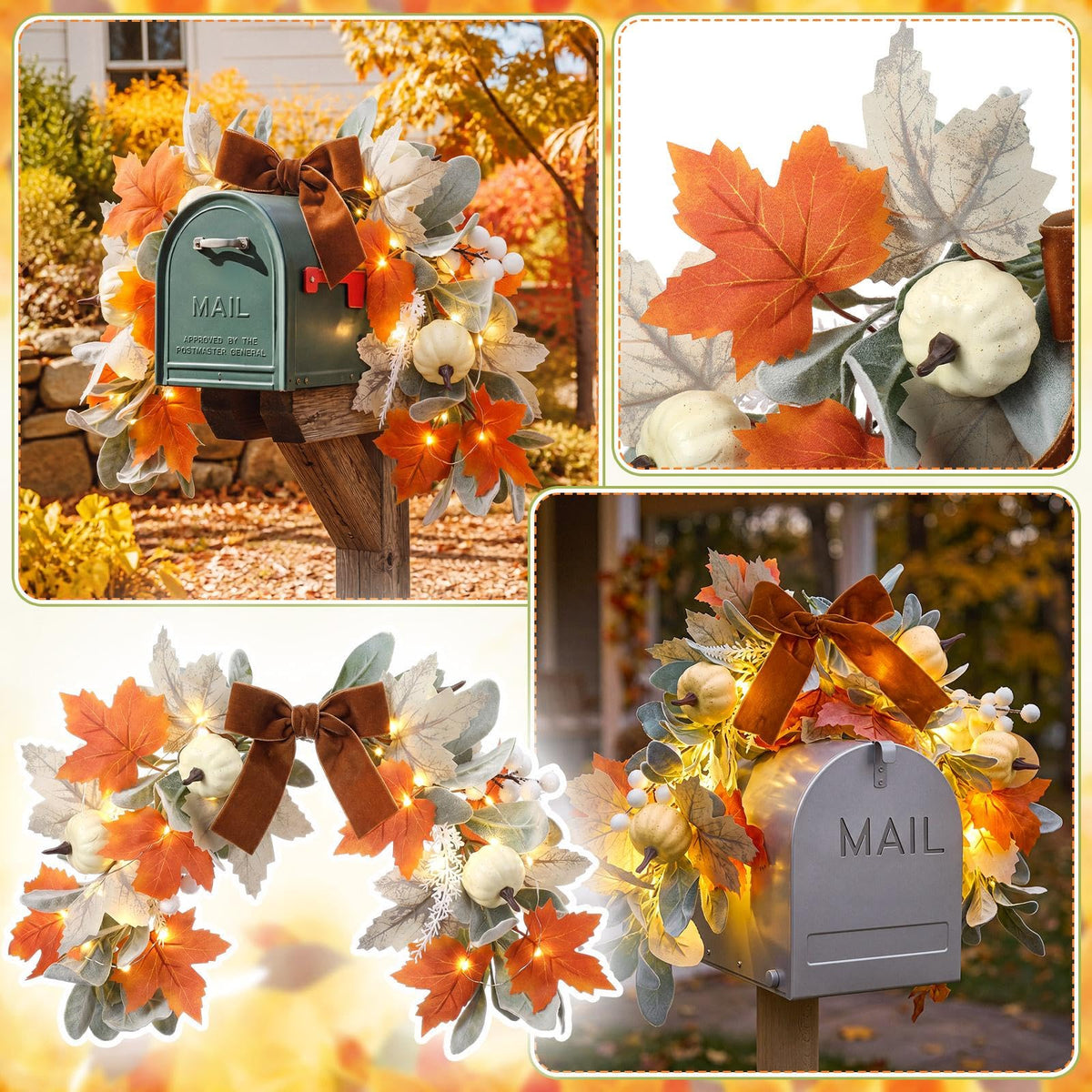 Wavyknot Fall Mailbox Decor 23.6'' Autumn Mailbox Swag Garland with Lights, Fall Pumpkins Maple Leaves Garland Thanksgiving Harvest Swag for Mail Box Window Mantels Home and Outside Decor