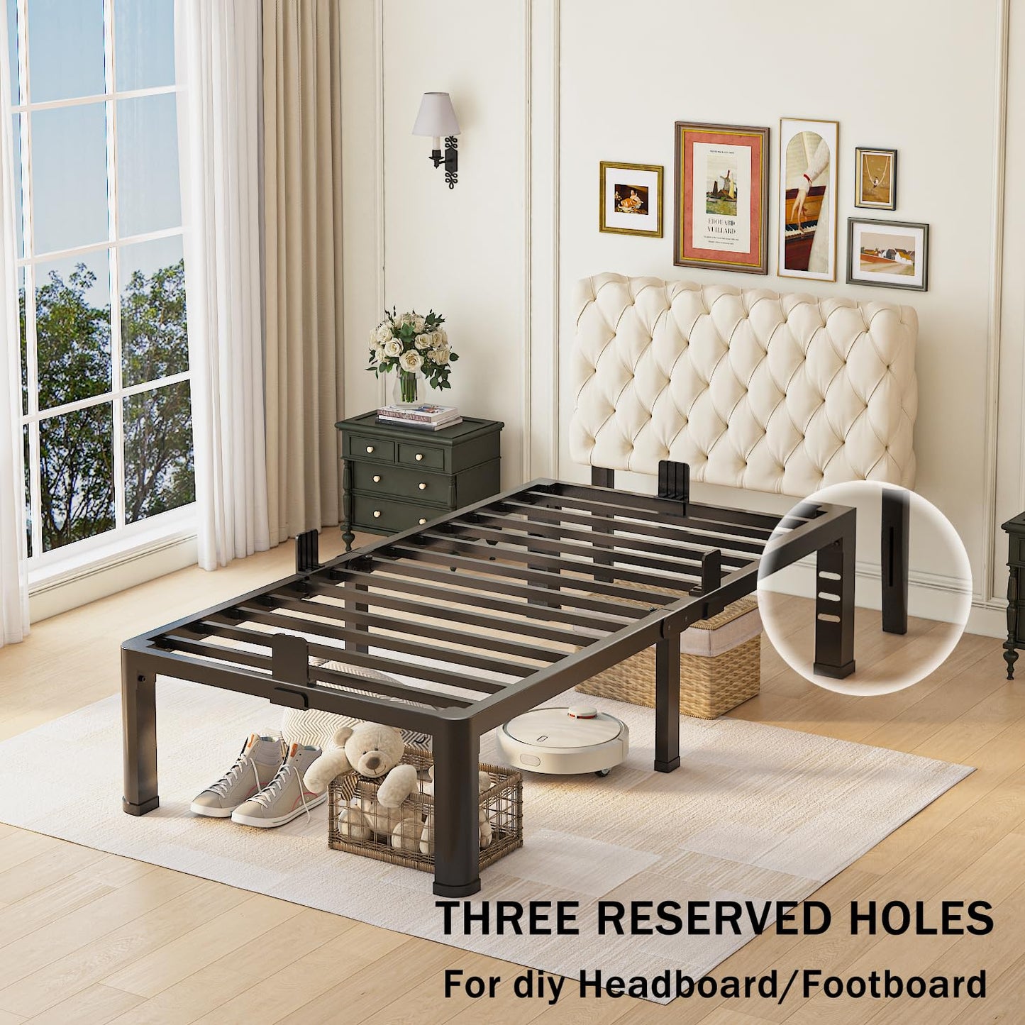 Yitong Angel 14 inch Twin XL Bed Frame with Rounded Corner Legs and Headboard Hole Mattress Slide Stopper 3500 LBS Heavy Duty Support Metal Platform,No Box Spring Needed, Noise Free,Easy Assembly
