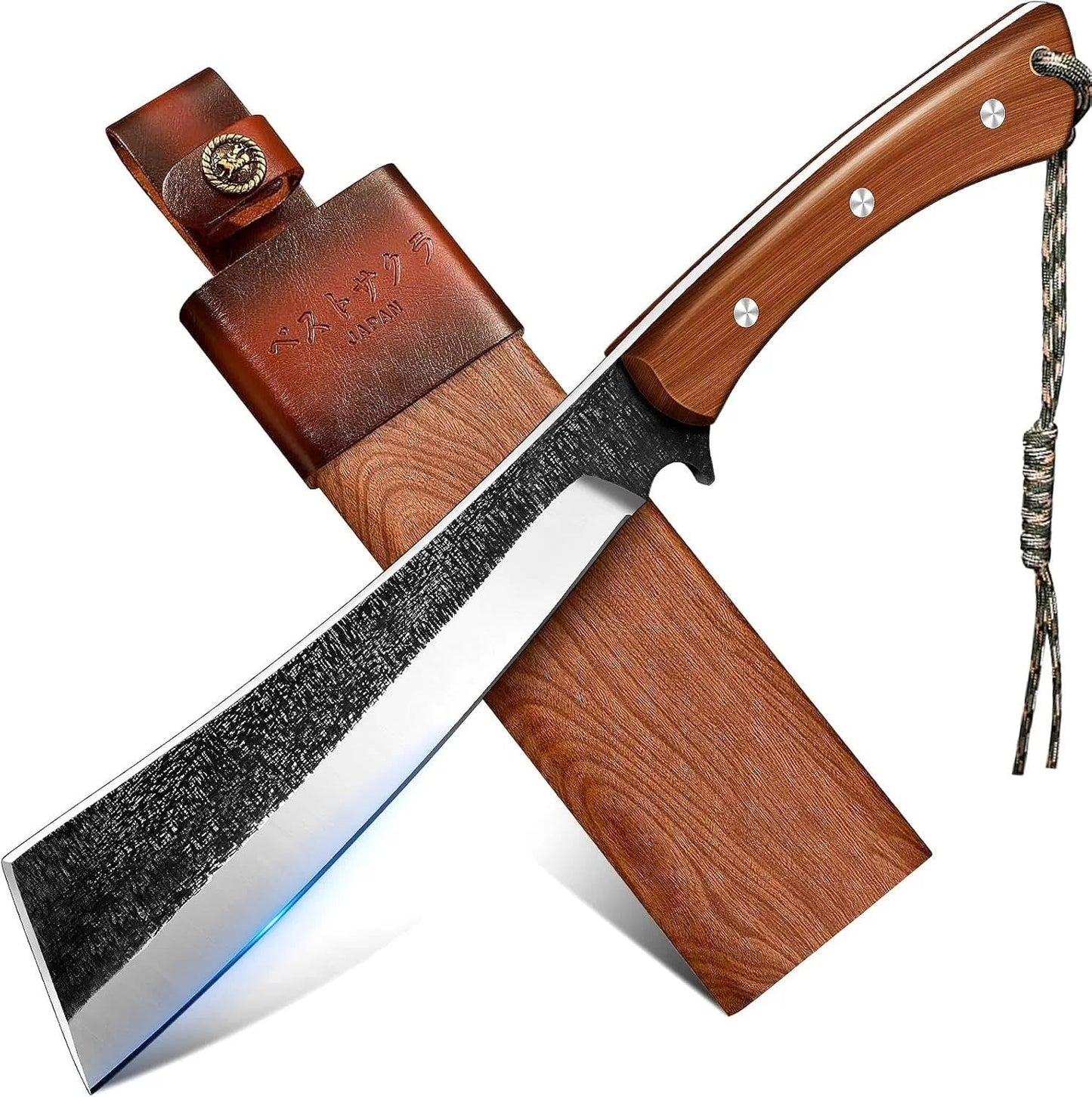 Freelander Japanese Style High Carbon Steel Machete with Red Sandalwood Ergonomic Full Tang Handle and Wood-Leather Sheath, for Camping, Hiking, Yard Work, and Survival, Gifts for Men Women