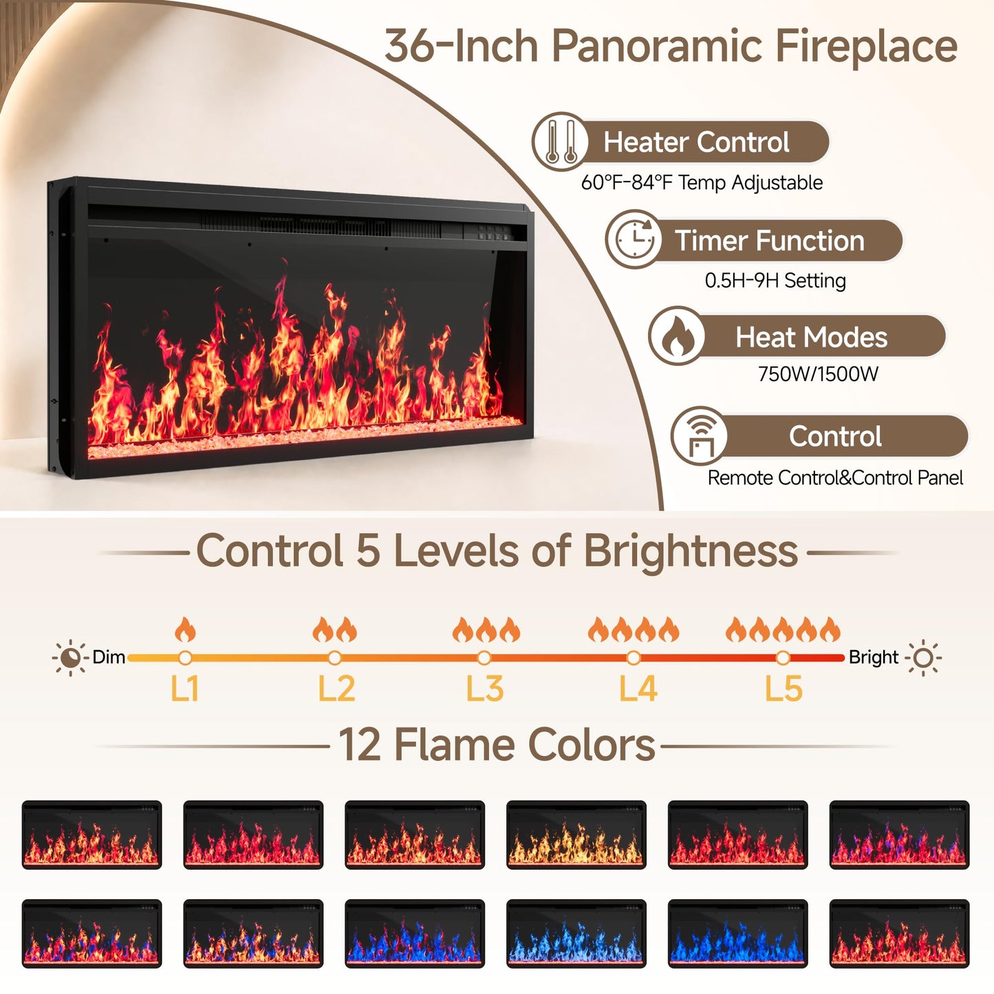 100”Fireplace TV Stand w/Drawer,Fluted Entertainment Center,36" Fireplace w/LED Flame,Fits TVs Up to 100",Modern Media Console with Storage Cabinet & Adjustable Shelves,Living Room,Walnut