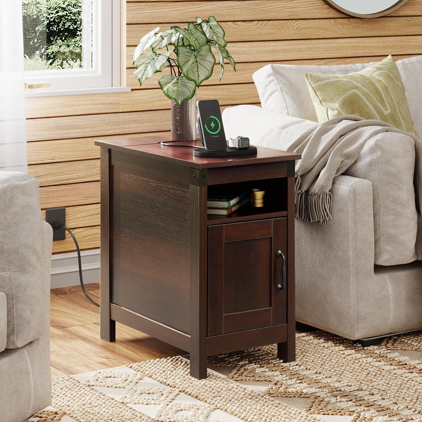 WLIVE End Table with Charging Station, Narrow Side Table for Living Room, Farmhouse Night Stand with Storage, Small Wooden Nightstand with USB Ports and Outlets for Living Room and Bedroom, Espresso