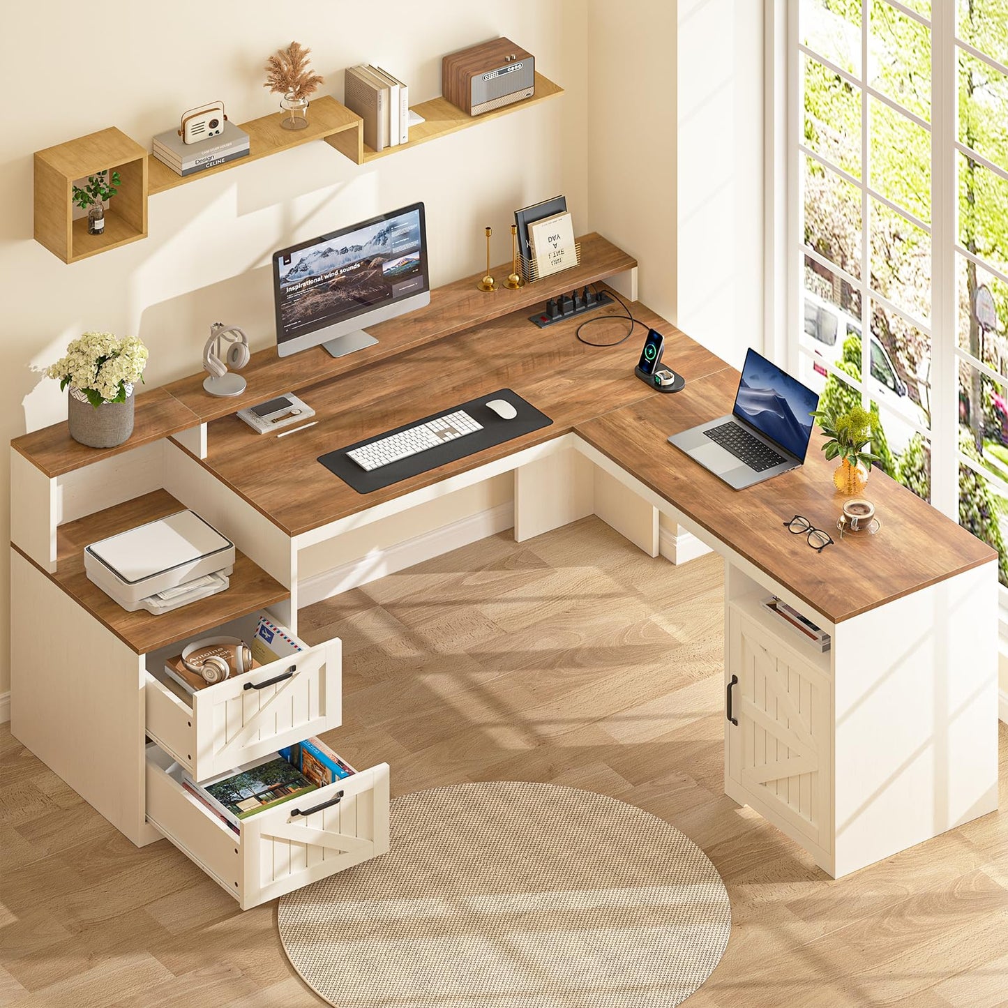 YOMILUVE 63" Farmhouse L Shaped Executive Desk with Drawers & Storage Shelf, Corner Computer Desk with Power Outlets, L Shaped Office Desk with Monitor Stand, Printer Shelf, Antique White