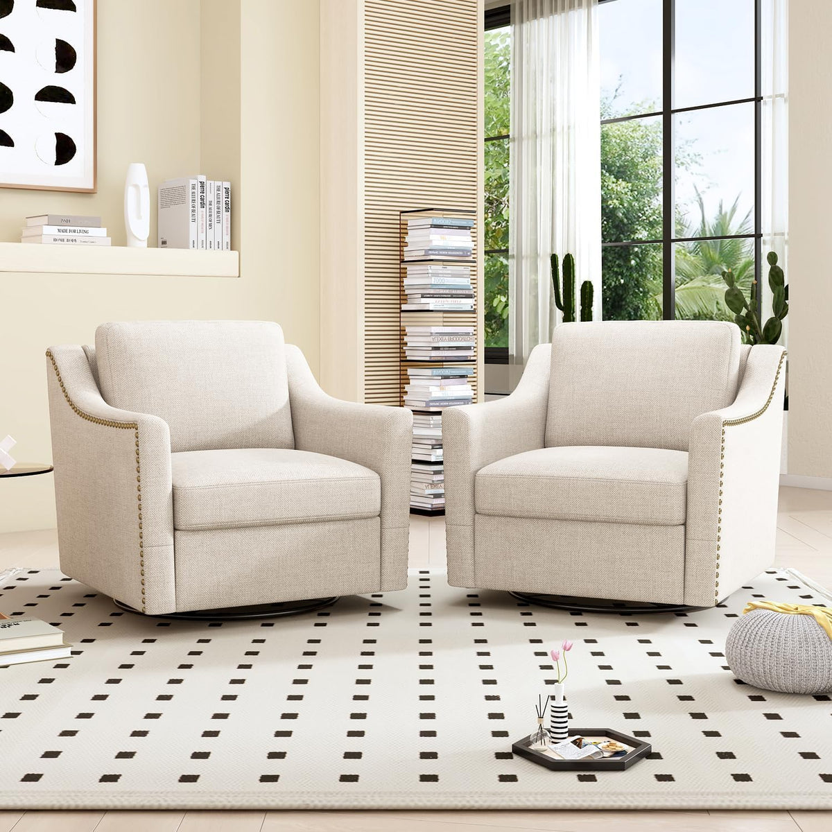 Jantaypor Swivel Accent Chair Set of 2，Armchair，Bronze Nail Decoration Comfy Living Room Chair,Single Sofa Chair，Reading Chairs,for Living Room Bedroom Reading Apartment (Cream, 2 Cream)