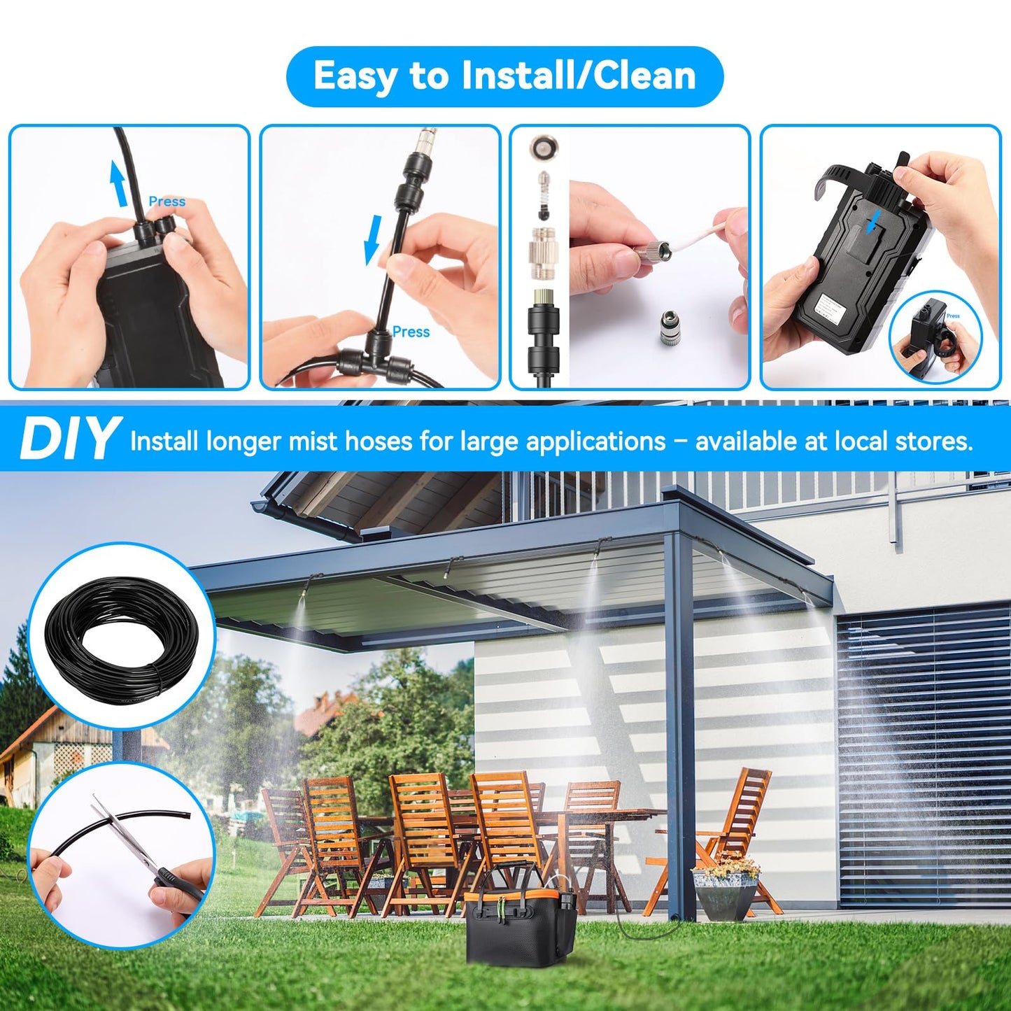 Ausic Portable Misting Systems, Outdoor Water Cooling Misters Set with 6000mAh Water Pump, 20L Bucket, 26FT (8M) Hose, 10*Clips/Ties for Sports/Patio/Umbrella/Pasture/Greenhouse/Canopy/Camping