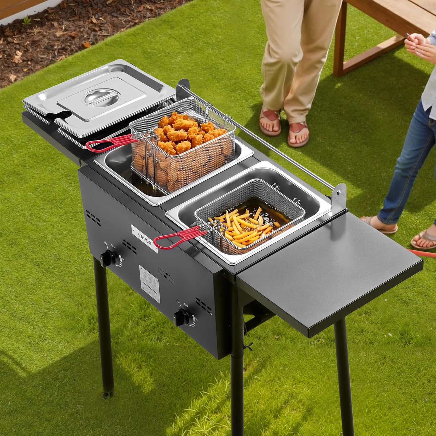 VEVOR Outdoor Propane Deep Fryer, Double Burners Commercial Fryer, 16 Qt Stainless Steel Cooker with Removable Baskets & Lids & Tanks, Oil Fryer Cart with Thermometer & Regulator, For Outdoor Cooking